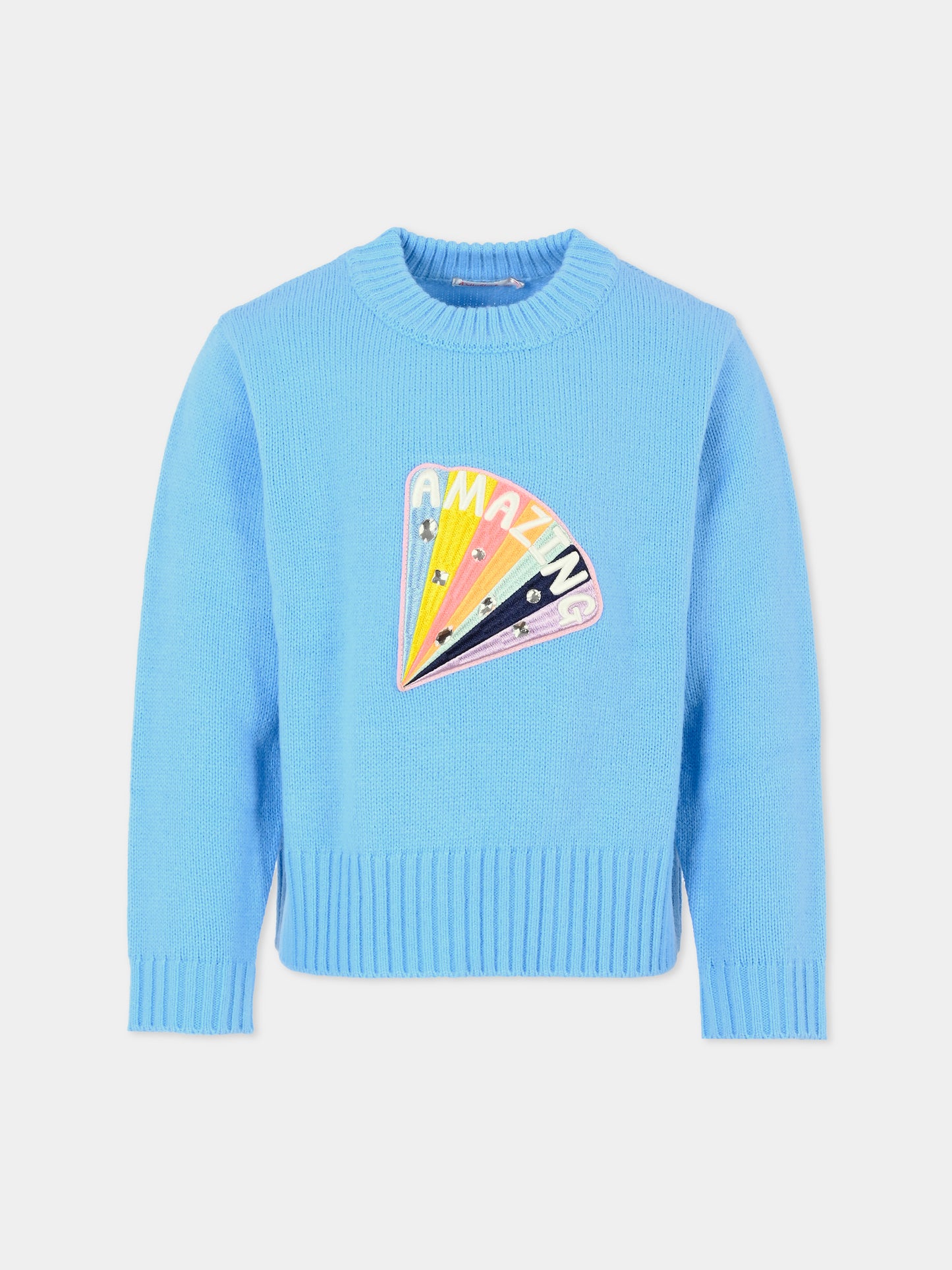 Maglione azzurro per bambina con ricamo e pietre,Billieblush,U20462 80R