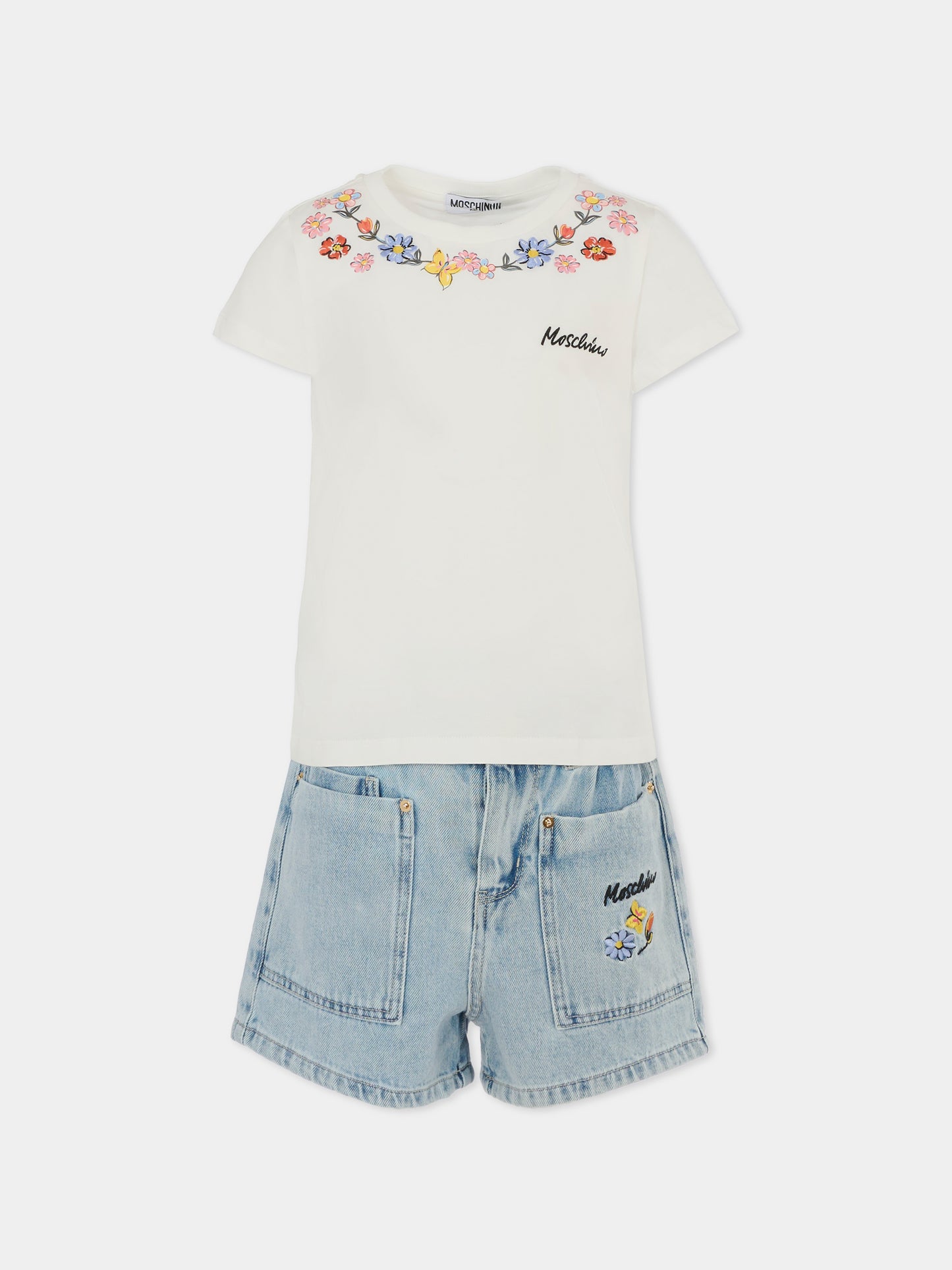 Completo bianco per bambina con fiori,Moschino Kids,HDG01B L0E08 40213