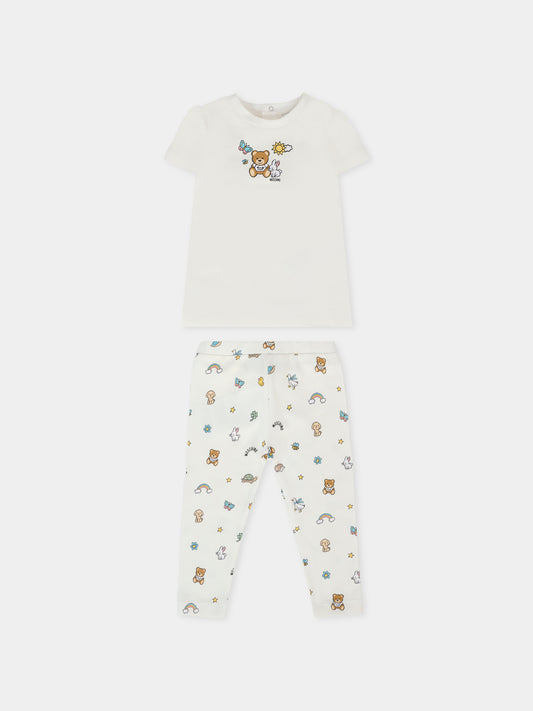 Completo bianco per neonata con Teddy Bear e disegni,Moschino Kids,MDG01H LBB5E 10063