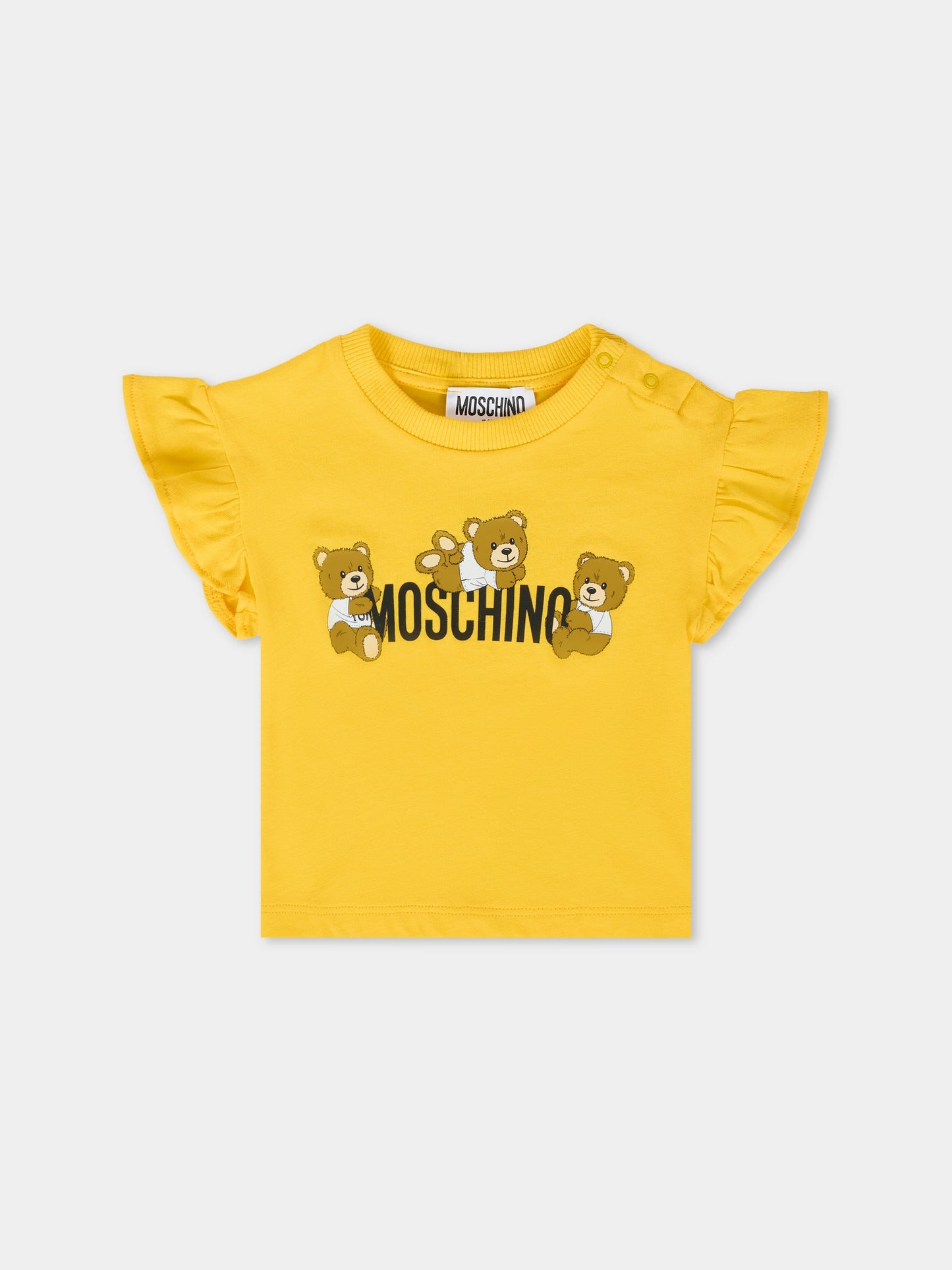 T-shirt gialla per neonata con tre Teddy Bears,Moschino Kids,MDM03I LAA03 50577
