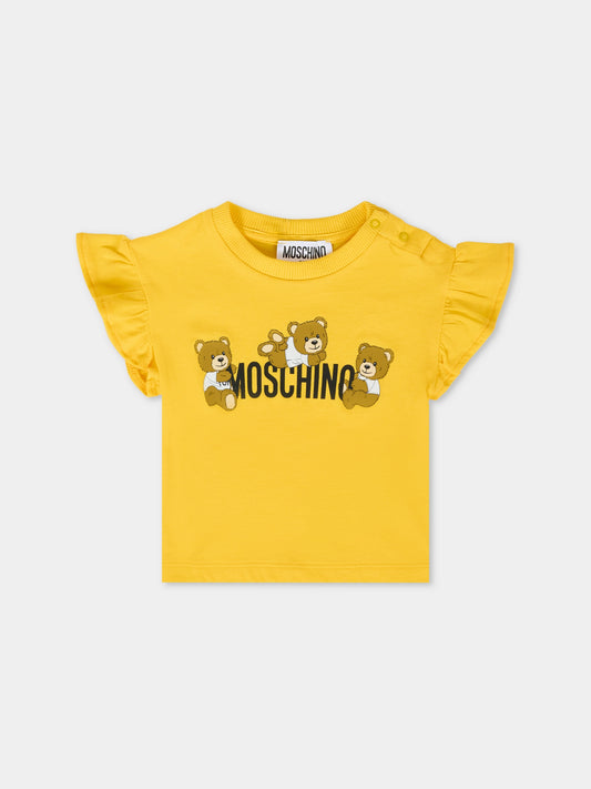 T-shirt gialla per neonata con tre Teddy Bears,Moschino Kids,MDM03I LAA03 50577