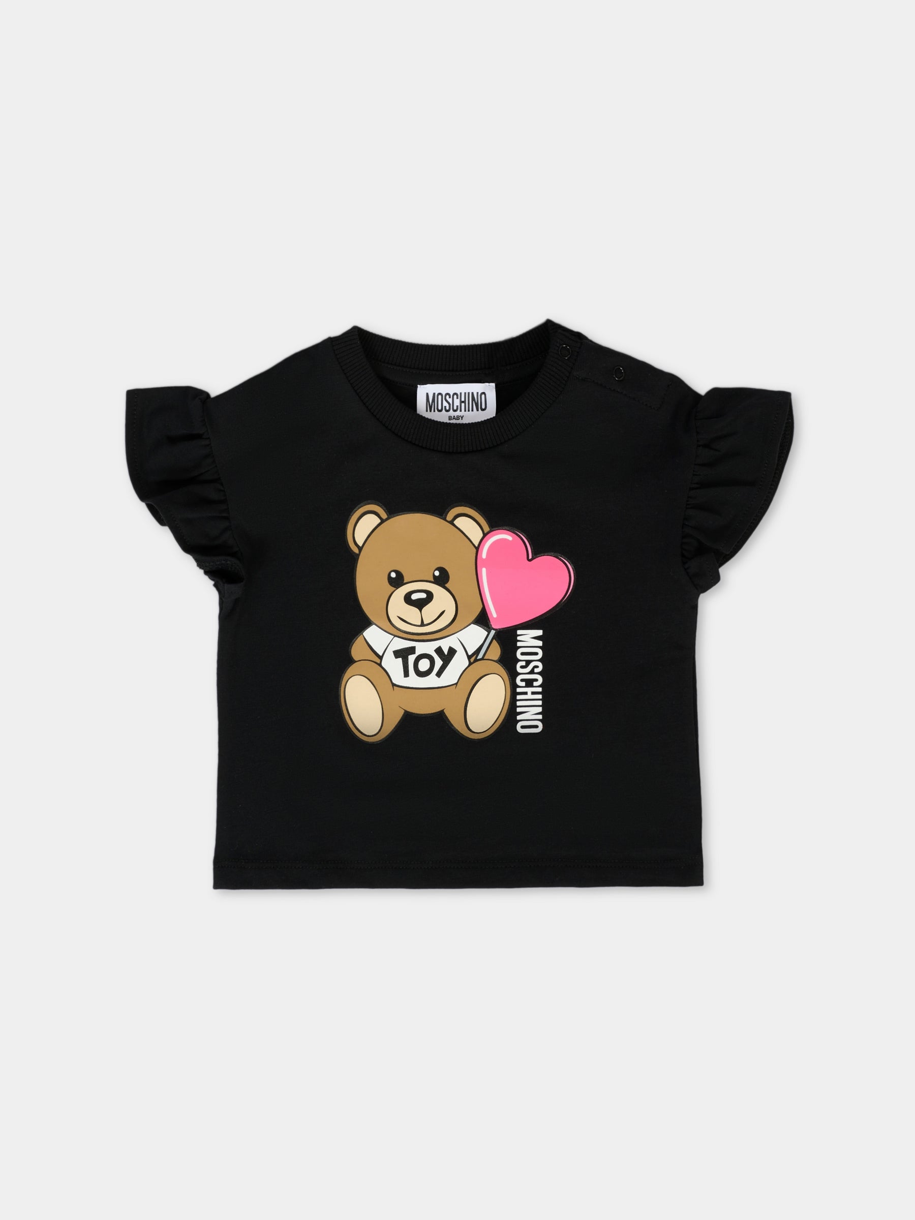 T-shirt nera per neonata con Teddy Bear e cuore,Moschino Kids,MDM03J LBA00 60100