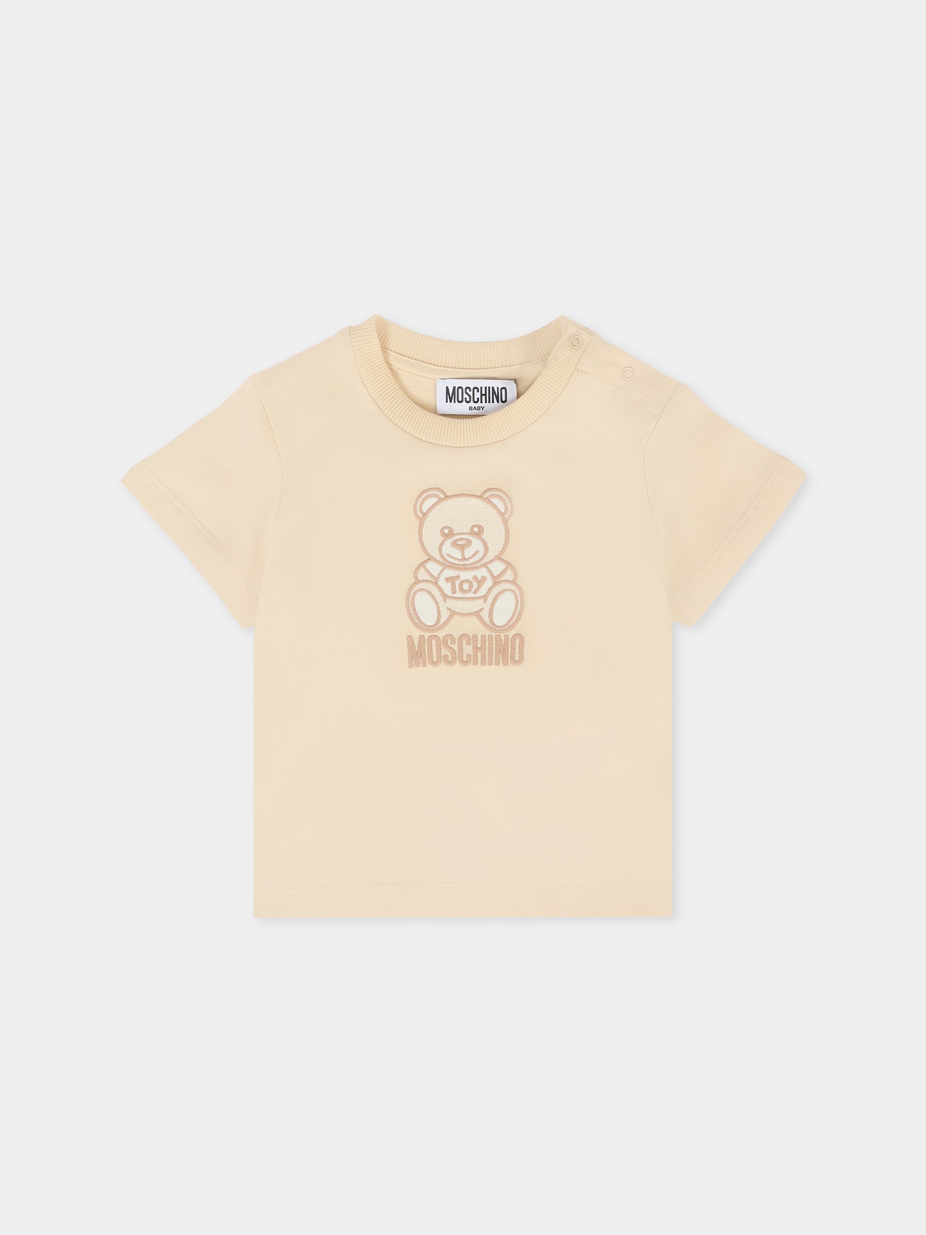 T-shirt beige per neonati con Teddy Bear ricamato,Moschino Kids,MPM047 LAA23 20404