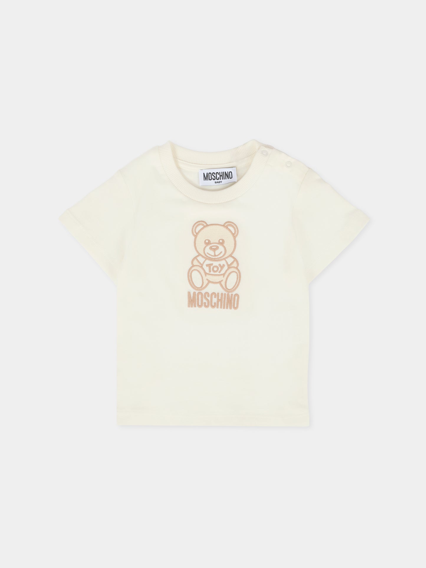 T-shirt avorio per neonati con Teddy Bear ricamato,Moschino Kids,MPM047 LAA23 10063