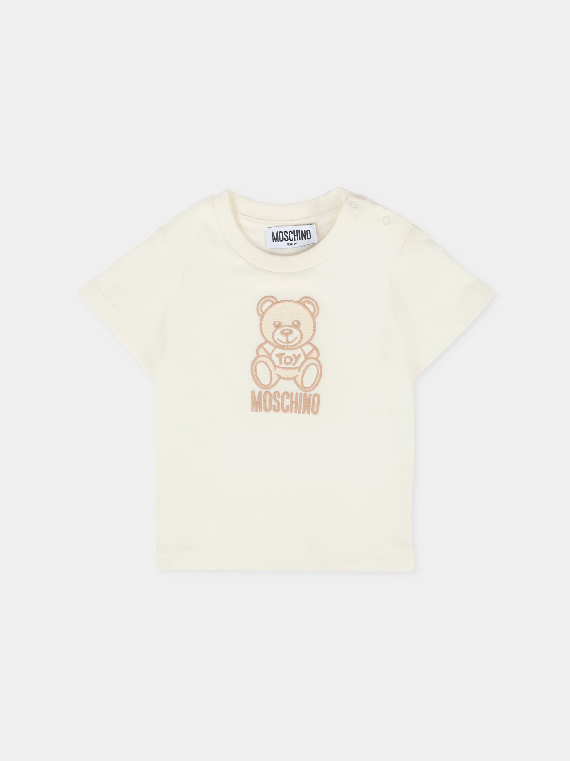 T-shirt avorio per neonati con Teddy Bear ricamato,Moschino Kids,MPM047 LAA23 10063