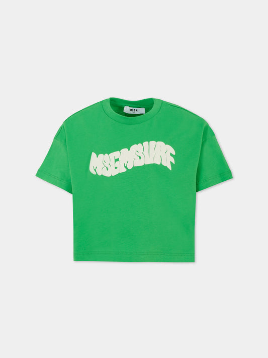 T-shirt crop verde per bambina con logo,Msgm Kids,S5MSJGTH240 MS006