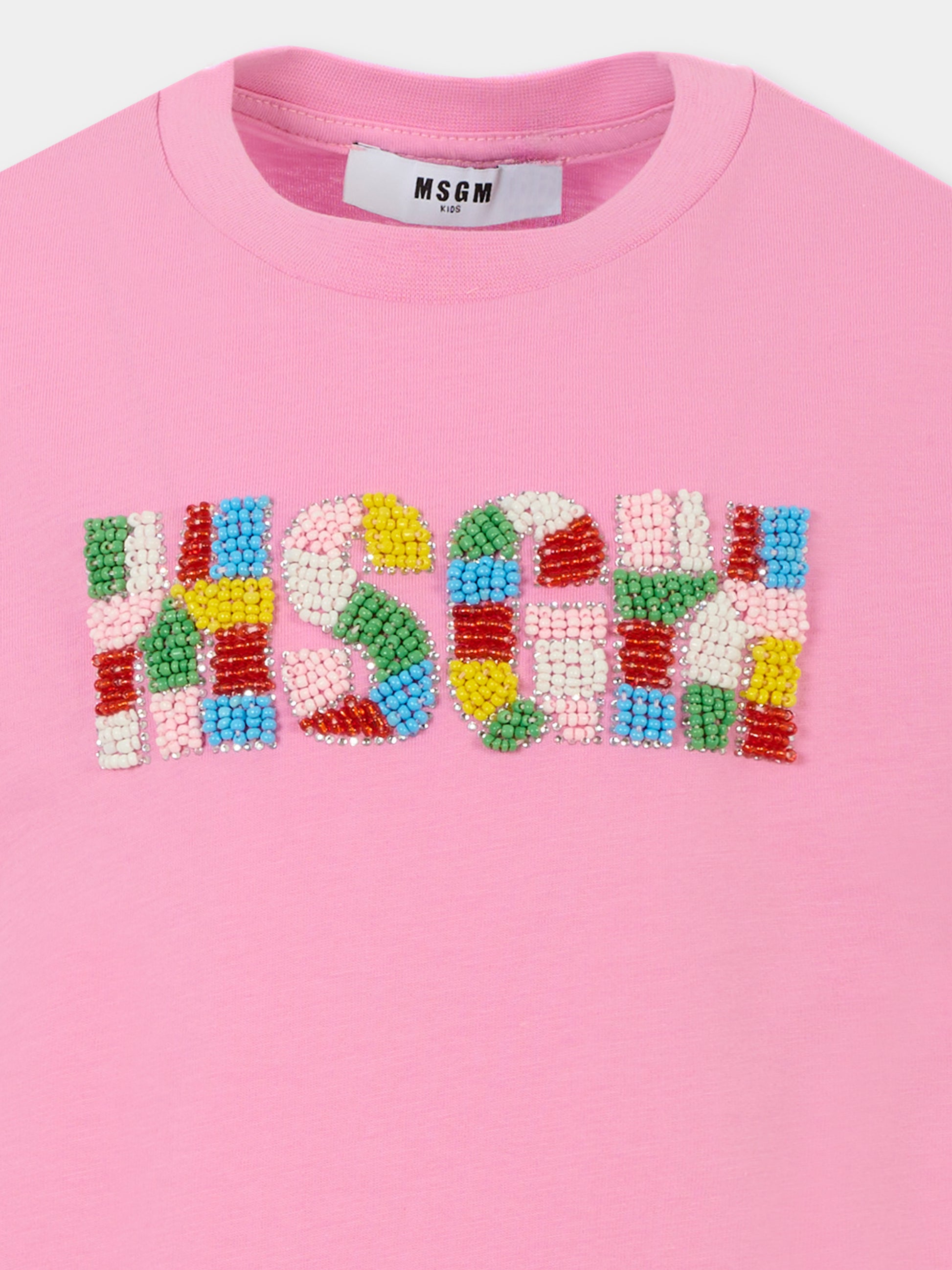 T-shirt rosa per bambina con logo e perline,Msgm Kids,S5MSJGTH251 MS003