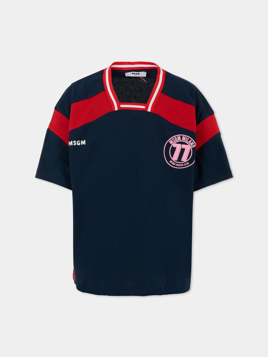 T-shirt blu per bambina con logo e strass,Msgm Kids,S5MSJGTH252 060