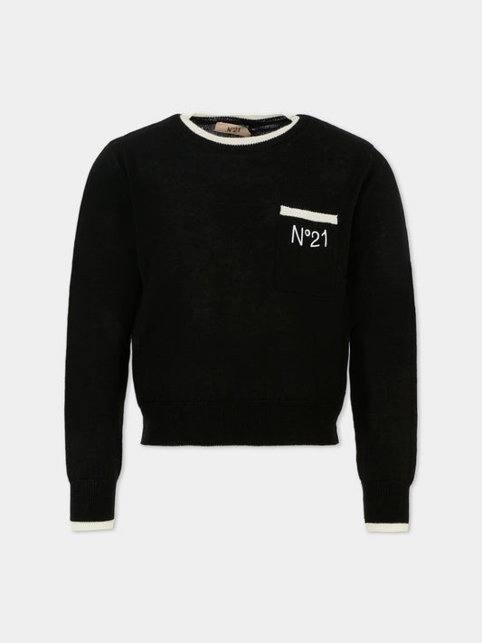 Maglione nero per bambina con logo ricamato,N°21 Kids,N2101W N0424 0N900