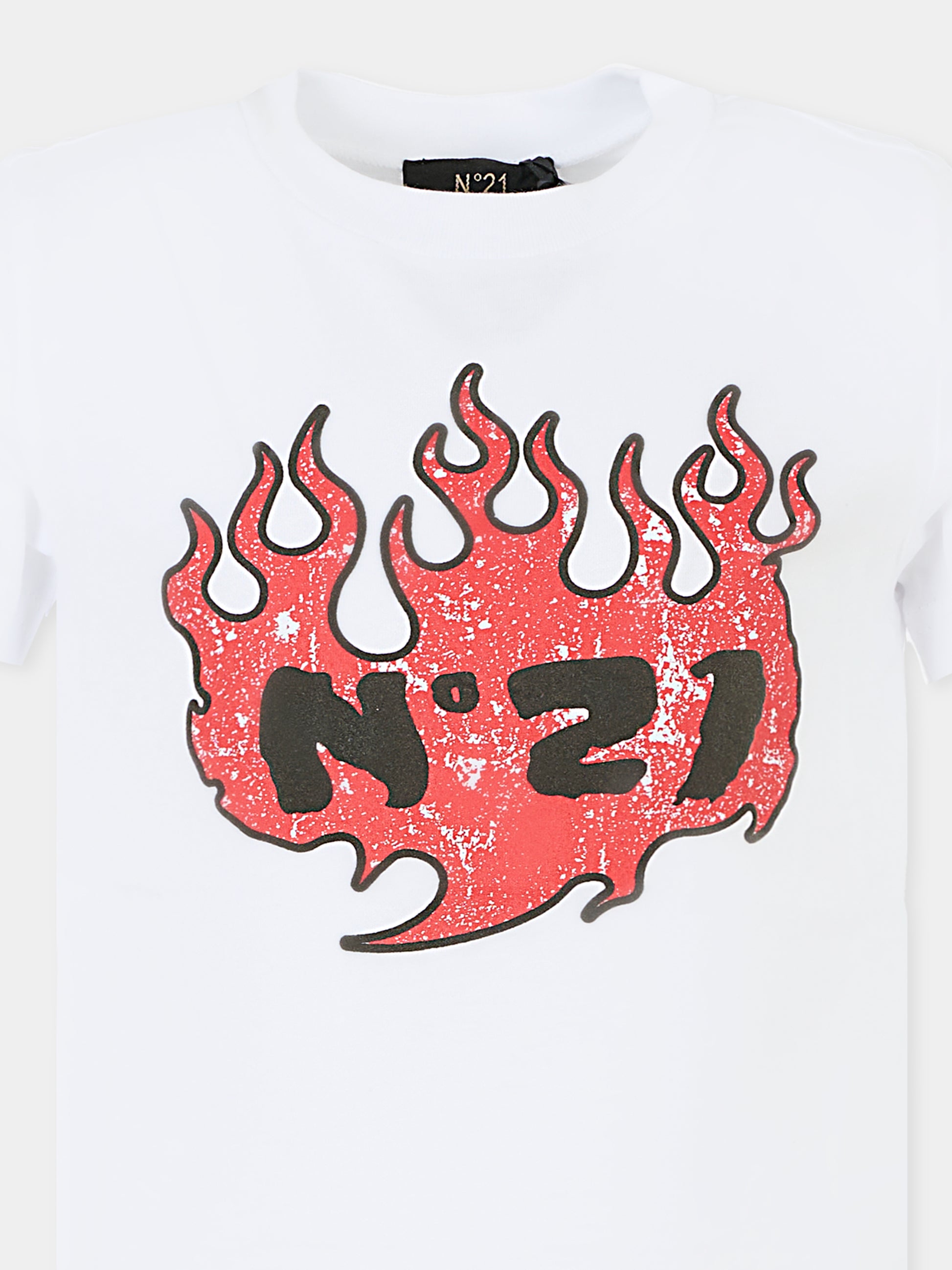 T-shirt bianca per bambino con fiamme,N°21 Kids,N2103M N0080 0N100