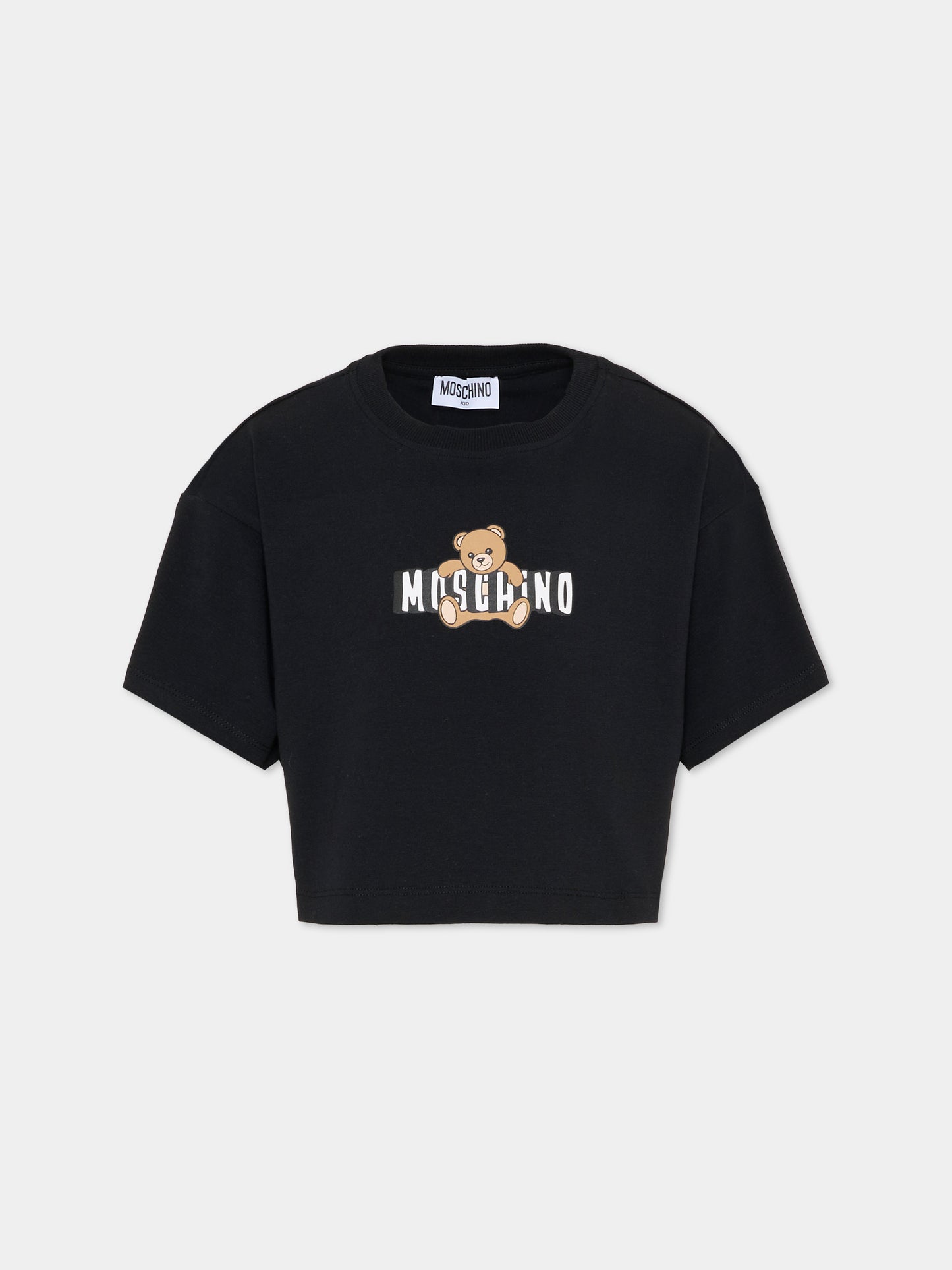 T-shirt crop nera per bambina con Teddy Bear,Moschino Kids,HDM072 LBA00 60100
