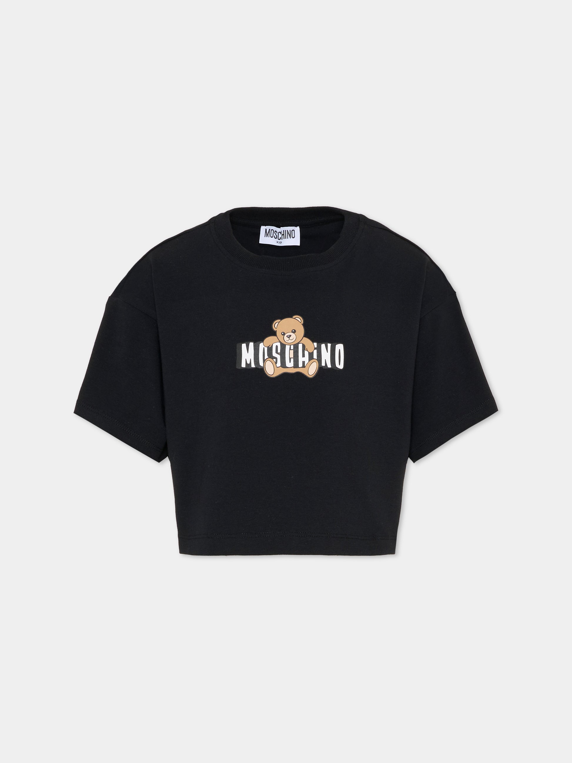 T-shirt crop nera per bambina con Teddy Bear,Moschino Kids,HDM072 LBA00 60100