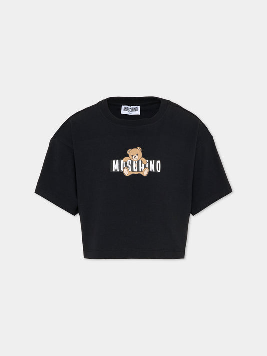 T-shirt crop nera per bambina con Teddy Bear,Moschino Kids,HDM072 LBA00 60100
