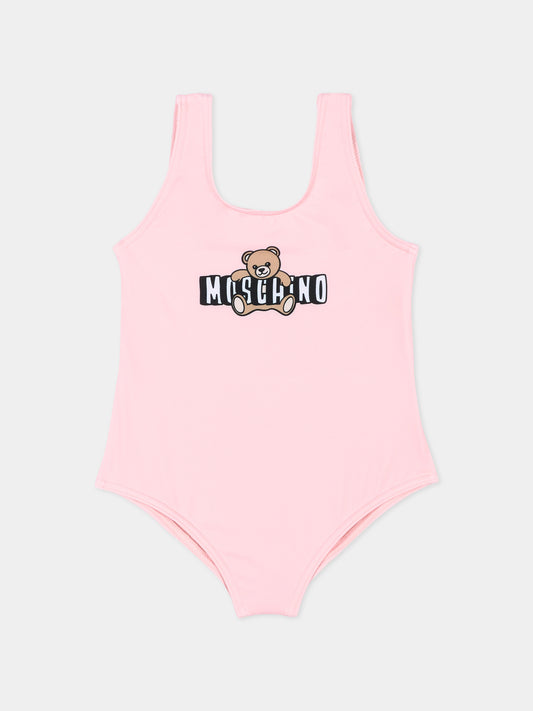 Costume intero rosa per neonata logo teddy,Moschino Kids,M2L00A LKA11 50209