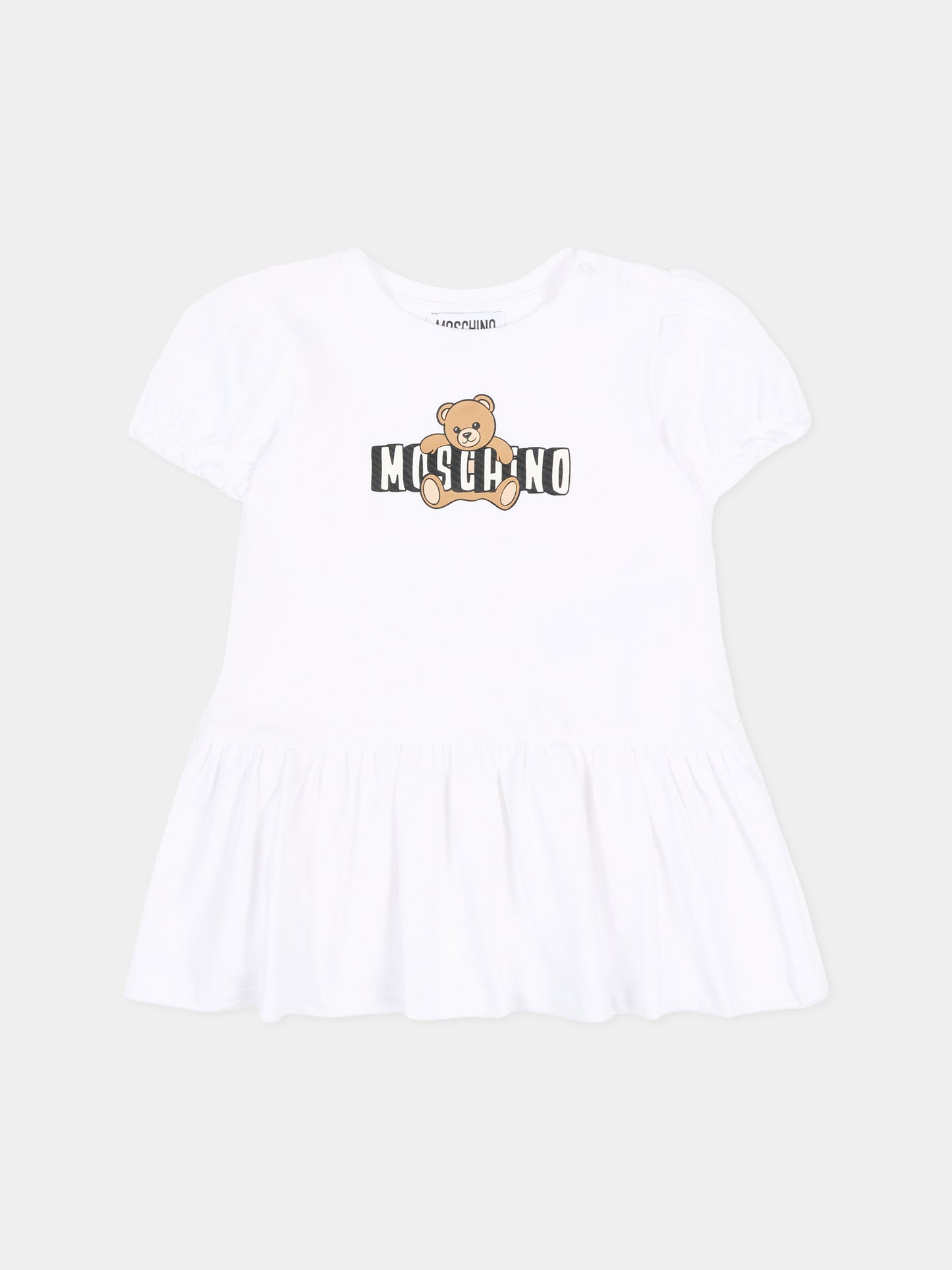 Vestito bianco per neonata con logo e Teddy Bear,Moschino Kids,MAV0C7 LBA00 10101