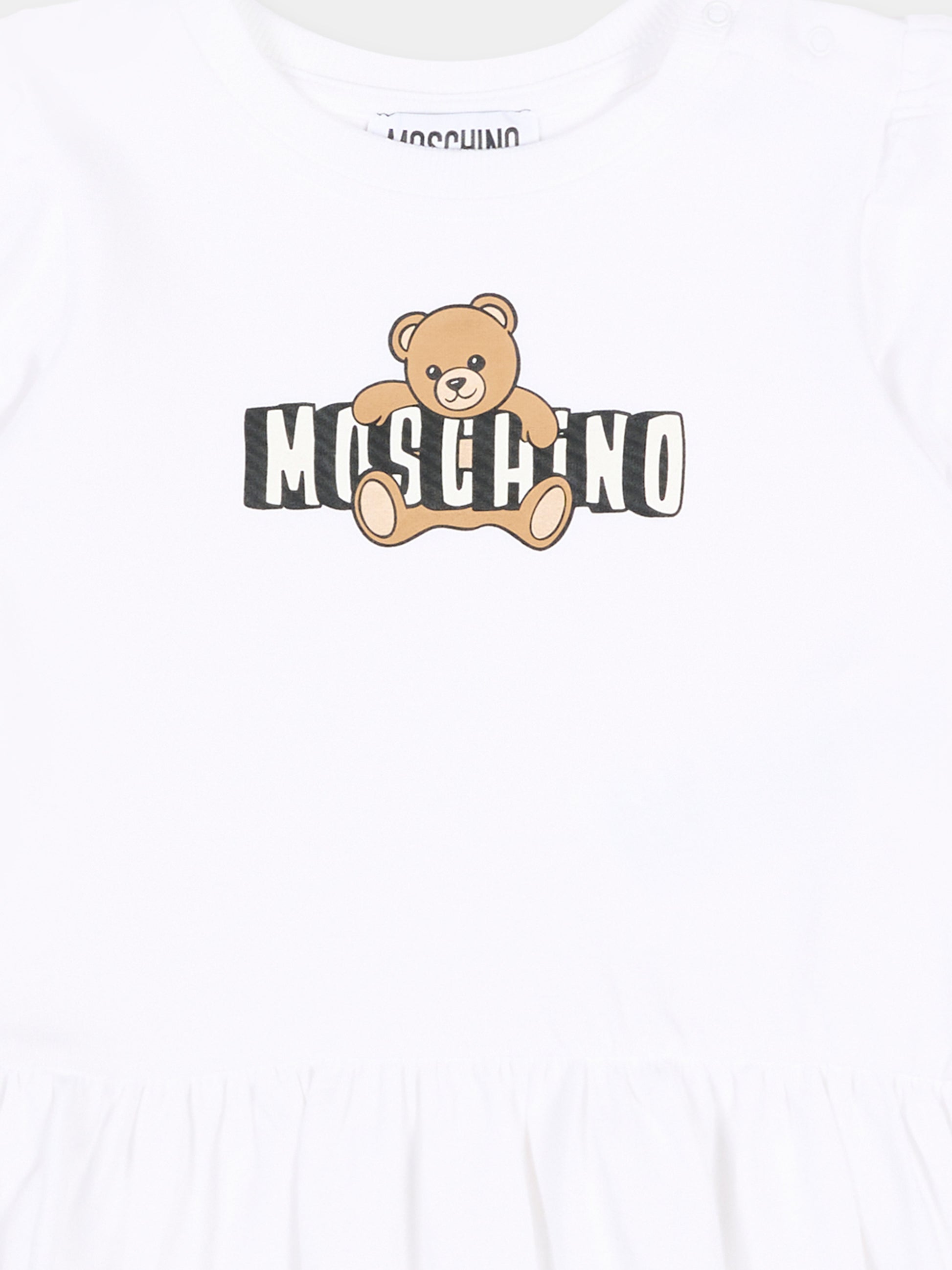 Vestito bianco per neonata con logo e Teddy Bear,Moschino Kids,MAV0C7 LBA00 10101