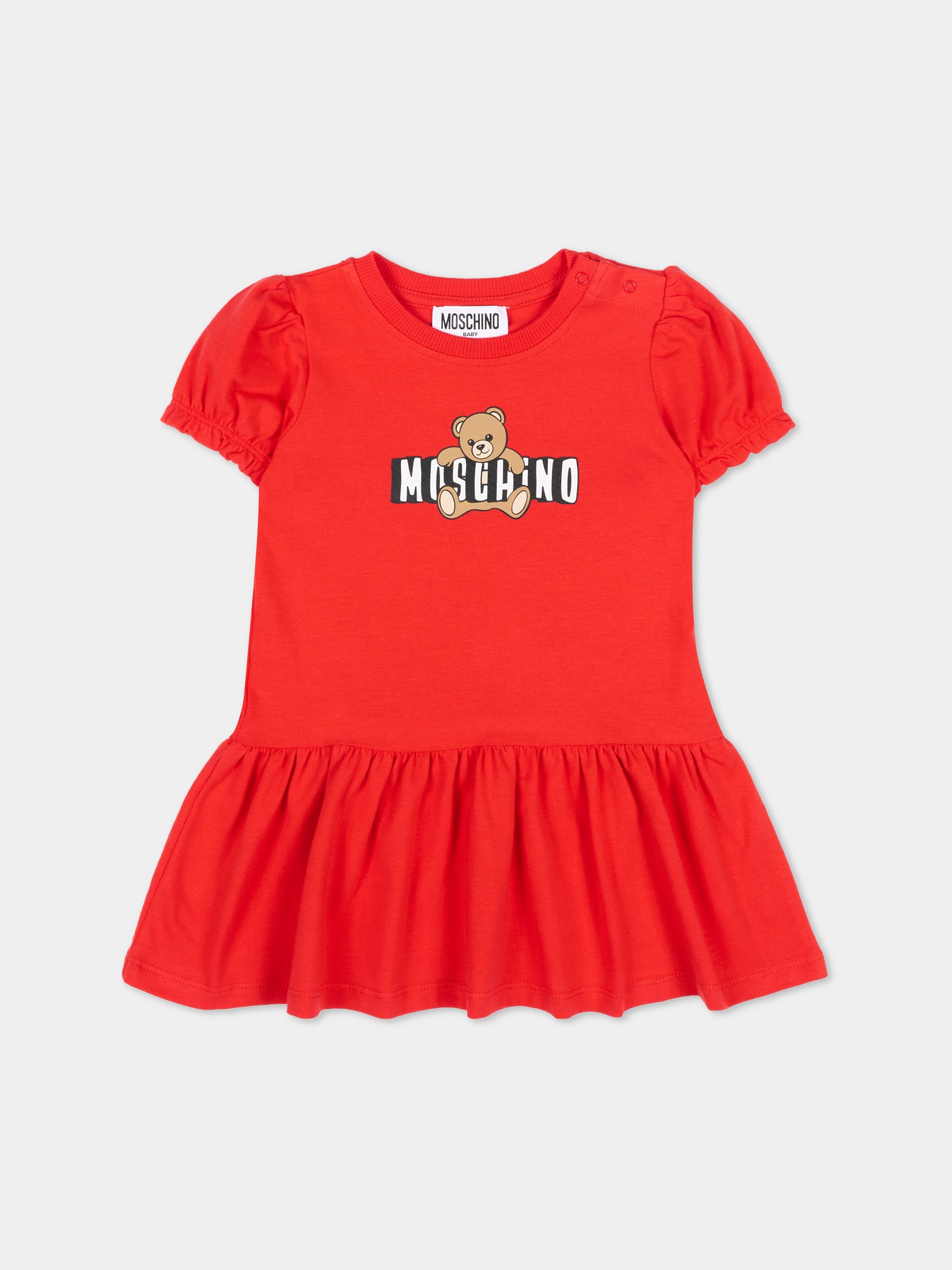 Vestito rosso per neonata con logo e Teddy Bear,Moschino Kids,MAV0C7 LBA00 50109