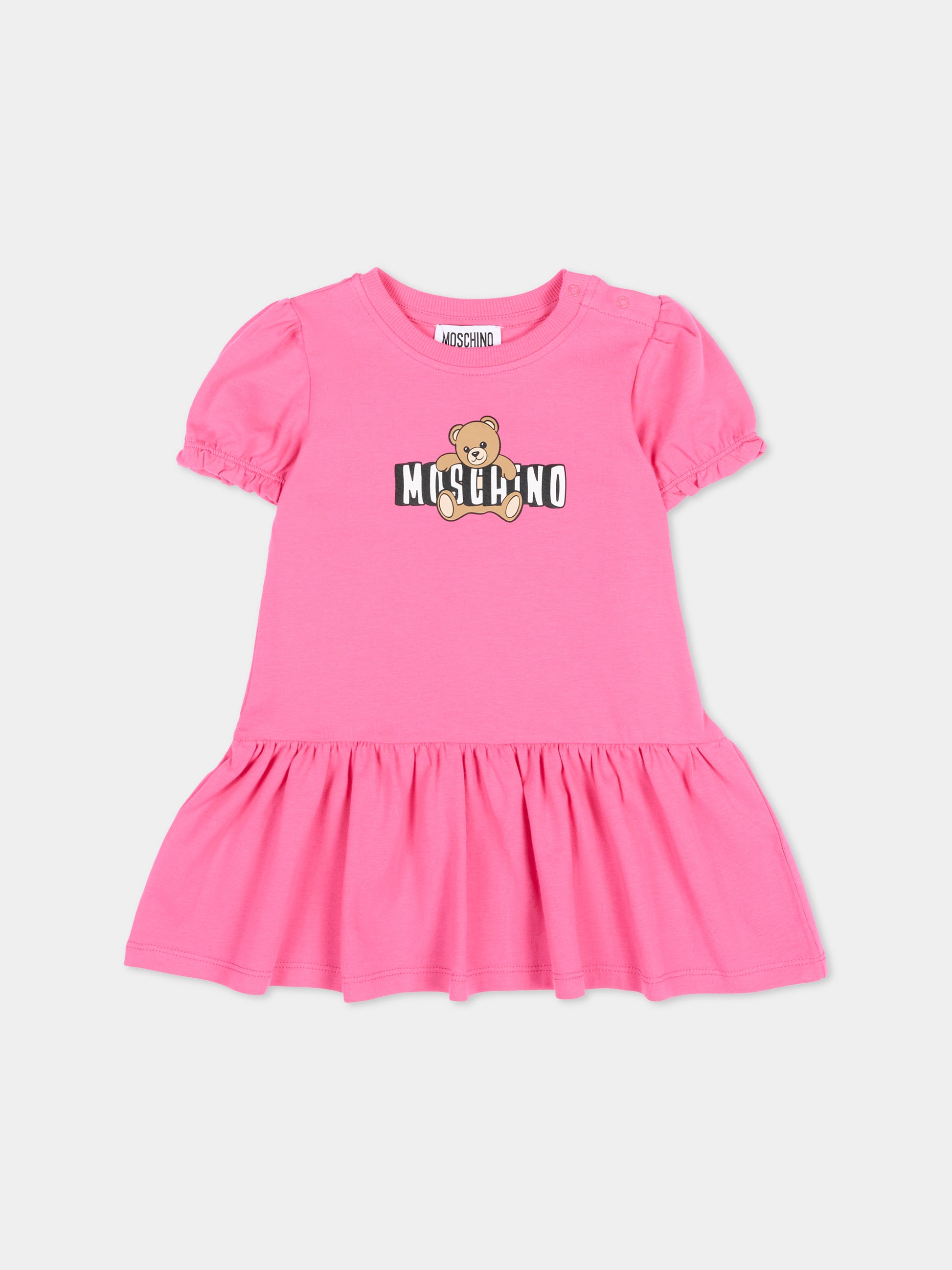 Vestito fucsia per neonata con logo e Teddy Bear,Moschino Kids,MAV0C7 LBA00 50533