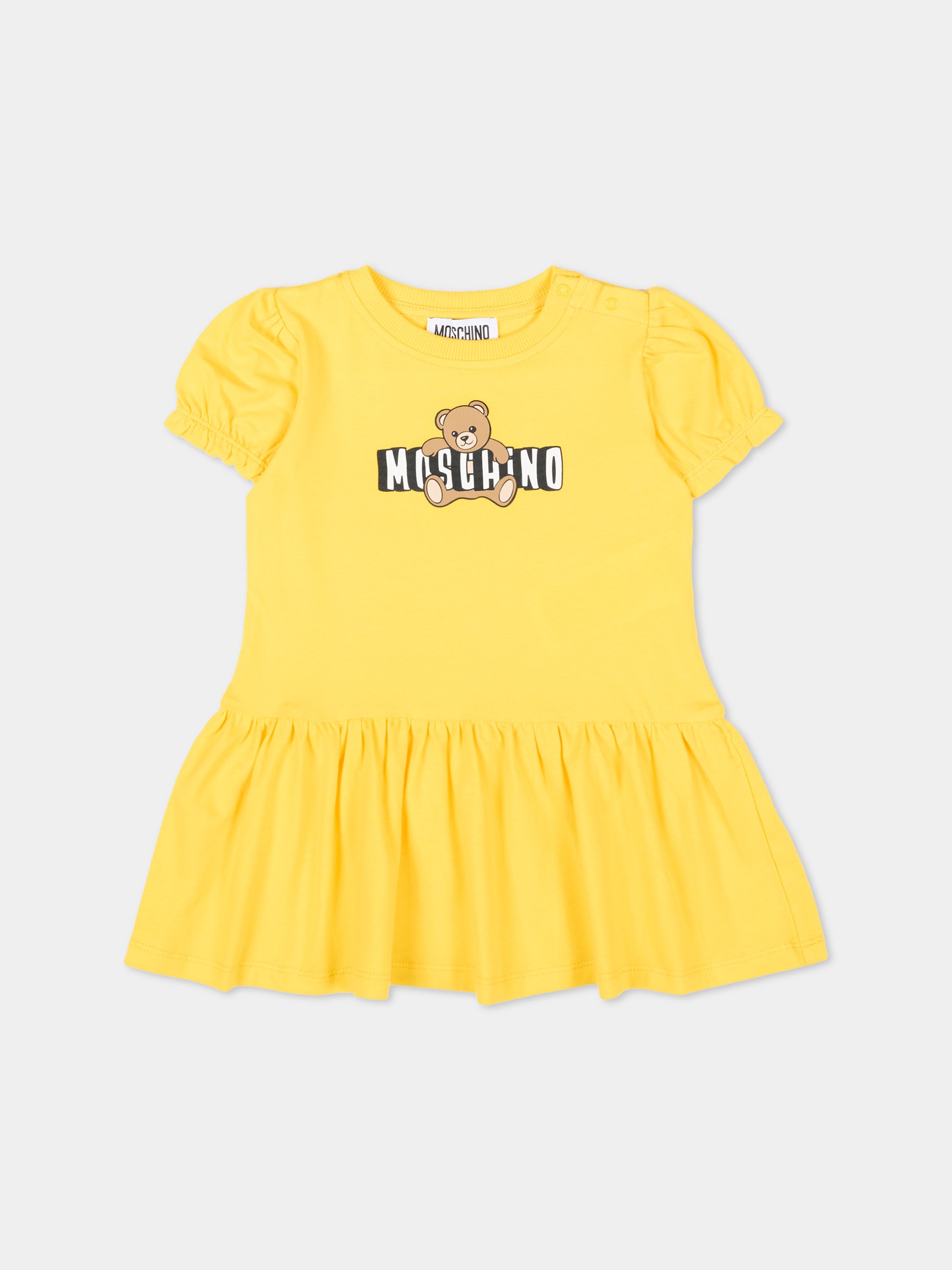 Vestito giallo per neonata con logo e Teddy Bear,Moschino Kids,MAV0C7 LBA00 50577