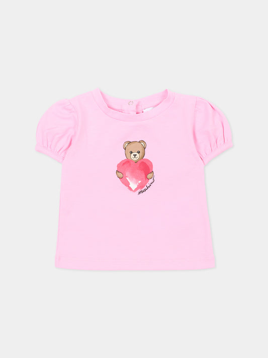 T-shirt rosa per neonata con Teddy Bear,Moschino Kids,MLM02B LBA00 51473