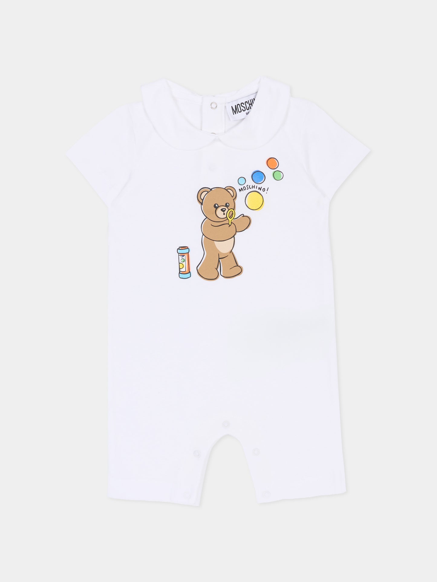 Pagliaccetto bianco per neonati con Teddy Bear e bolle di sapone,Moschino Kids,MUT04M LAA03 10101