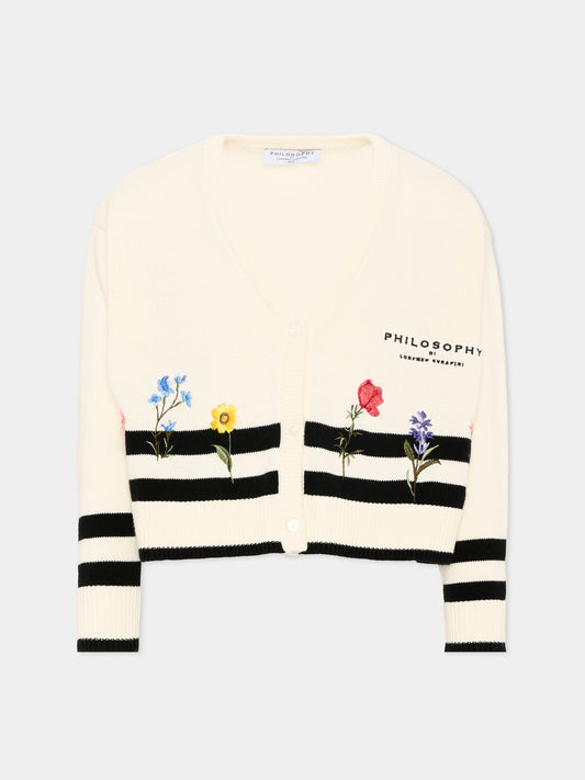 Cardigan avorio per bambina con ricamo floreale,Philosophy,I9G802 - 7034 - 0150