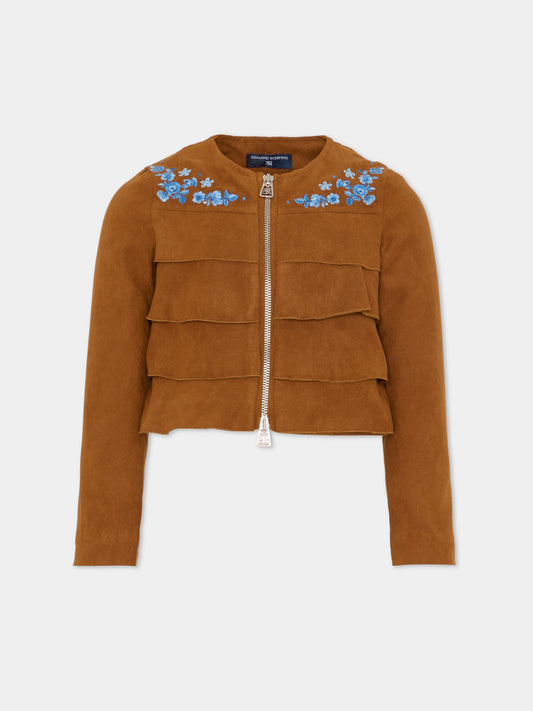 Giubbotto marrone per bambina con ricamo,Ermanno Scervino Junior,Z9G100 - 7731 - 0005