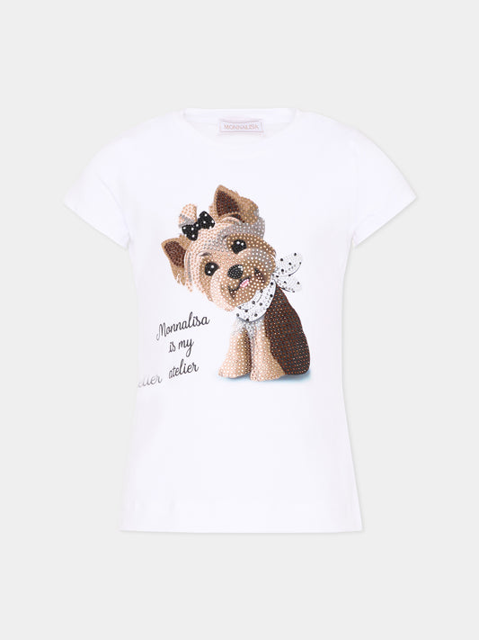 T-Shirt bianca per bambina con strass,Monnalisa,19G613 - 7032 - 0099