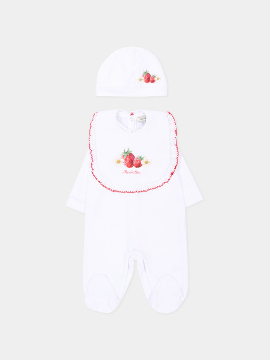 Set tutina bianco per neonata con fragole,Monnalisa,35G514 - 7084 - 0099