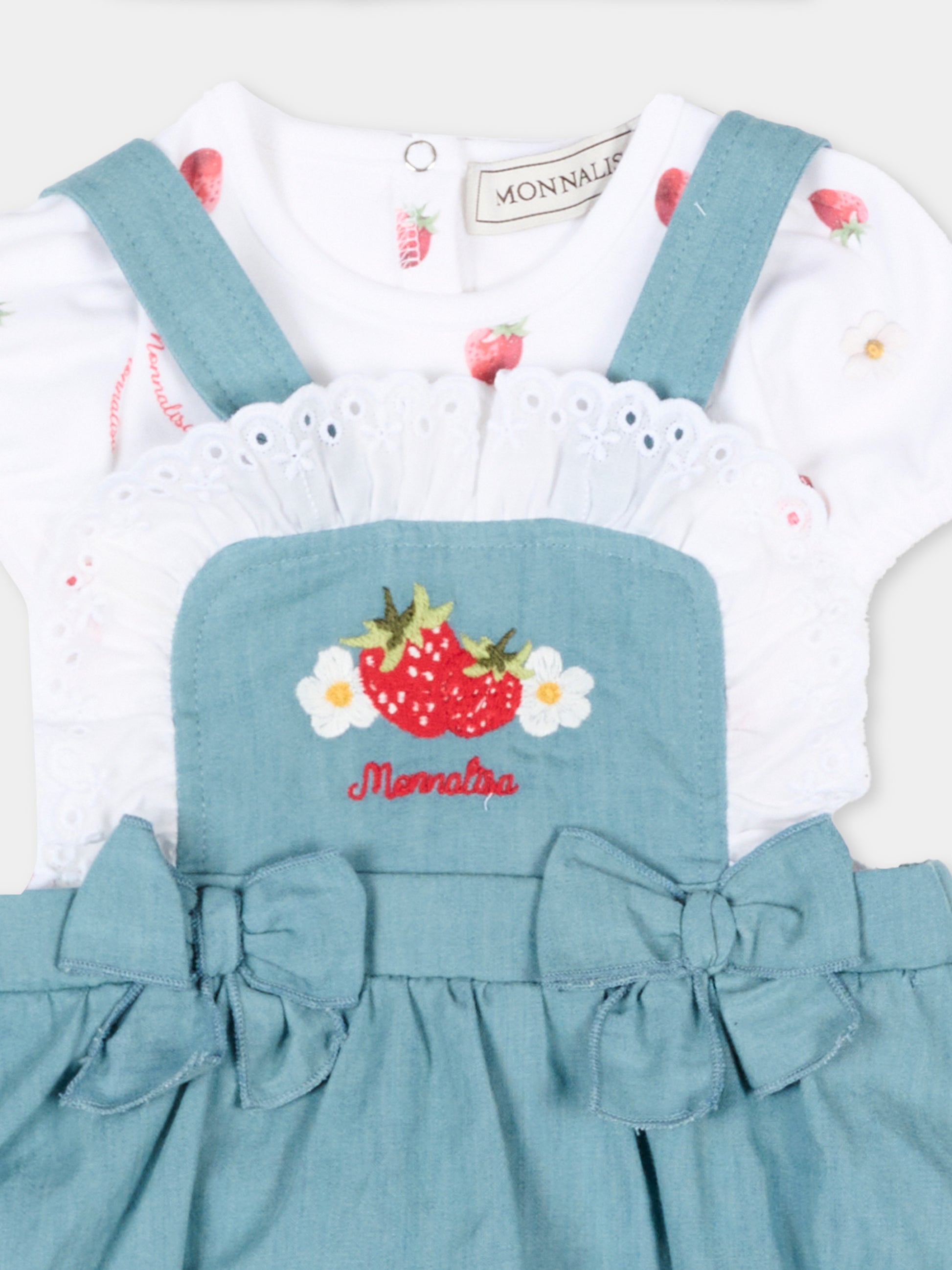 Salopette denim per neonata con fragole,Monnalisa,35G516 - 7081 - 0062