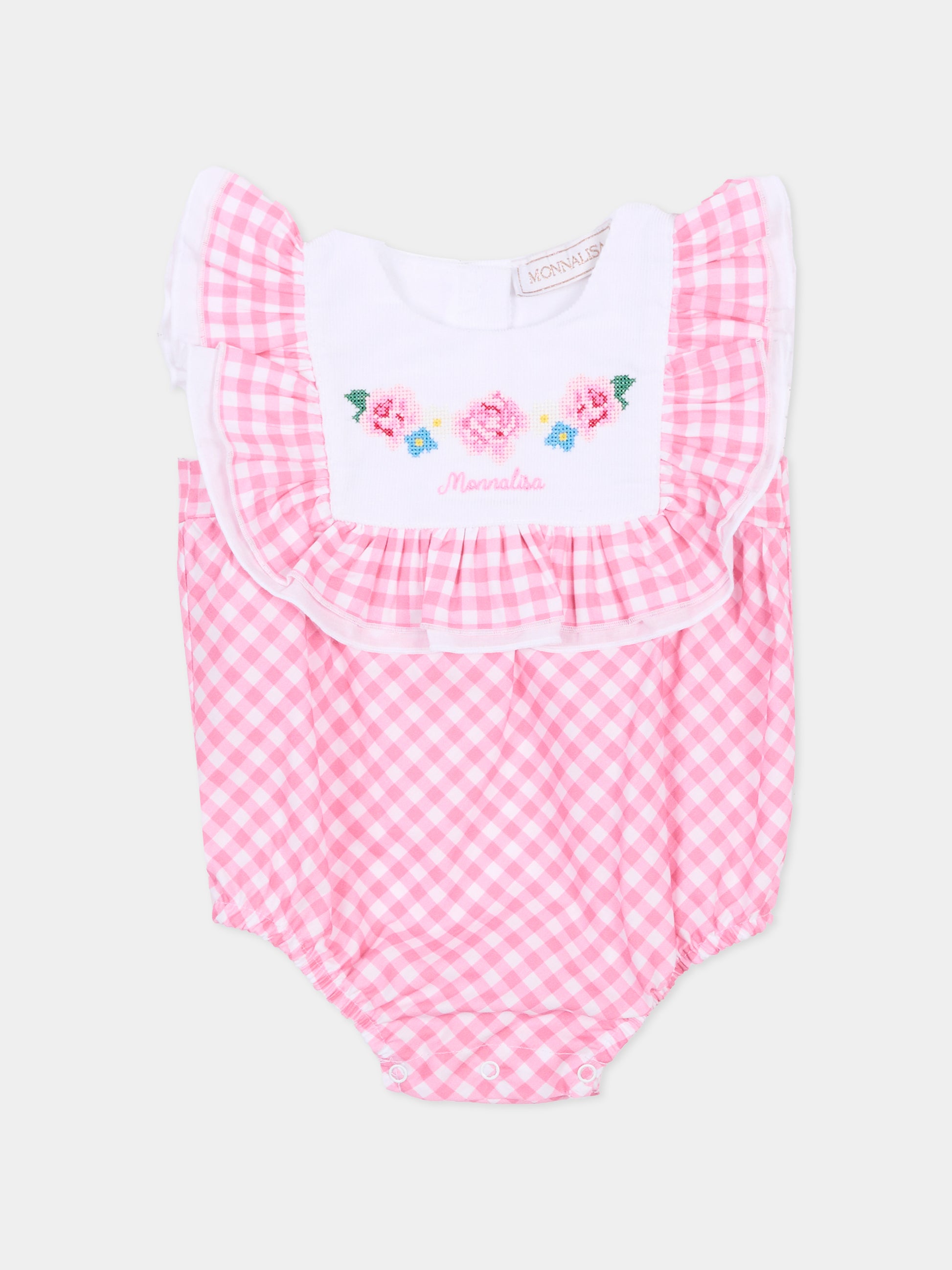 Pagliaccetto rosa per neonata con fiori ricamati,Monnalisa,35G203 - 7011 - 9990