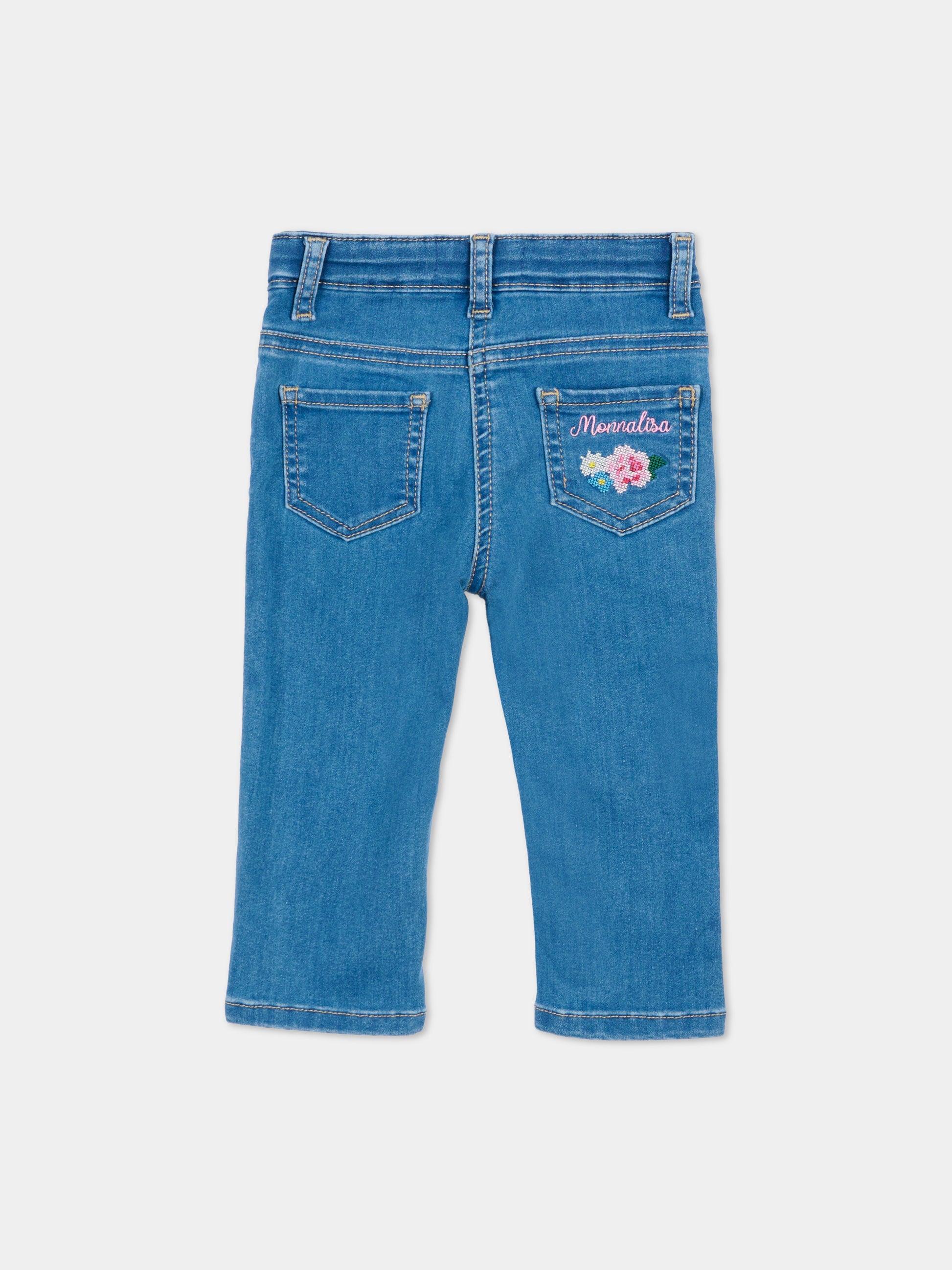 Jeans denim per neonata con fiori ricamati,Monnalisa,39G403 - 7017 - 0055