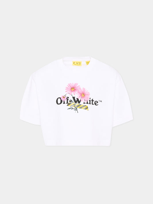 T-Shirt avorio per bambina con fiori,Off White,44GAA019S26J001100