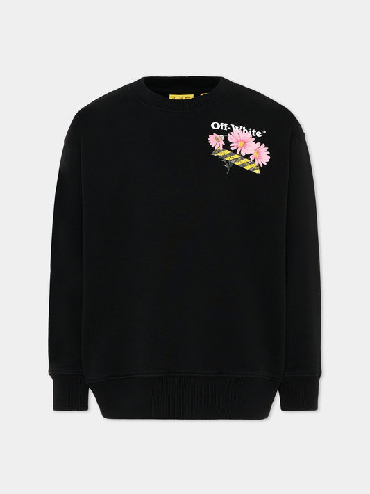 Felpa nera per bambina con fiori,Off White,44GBA001S26F003001