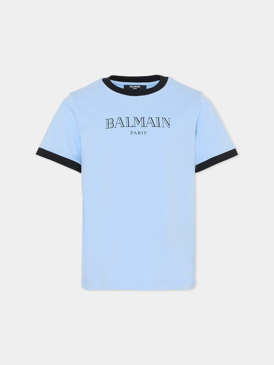 T-shirt celeste per bambino con logo,Balmain Kids,BY8P41-Z3672 652NE