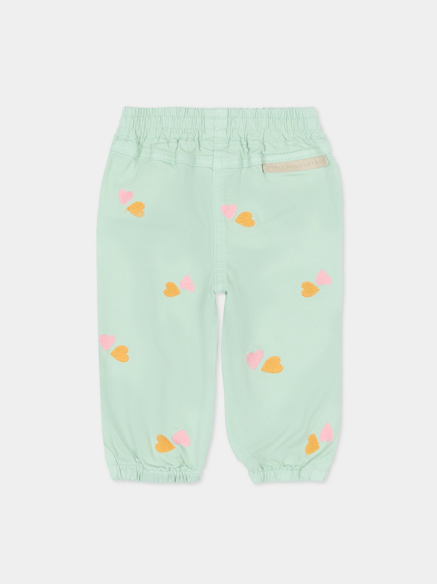 Pantaloni verdi per neonata con cuori ricamati,Stella Mccartney Kids,TY6020-Z3454 754EM