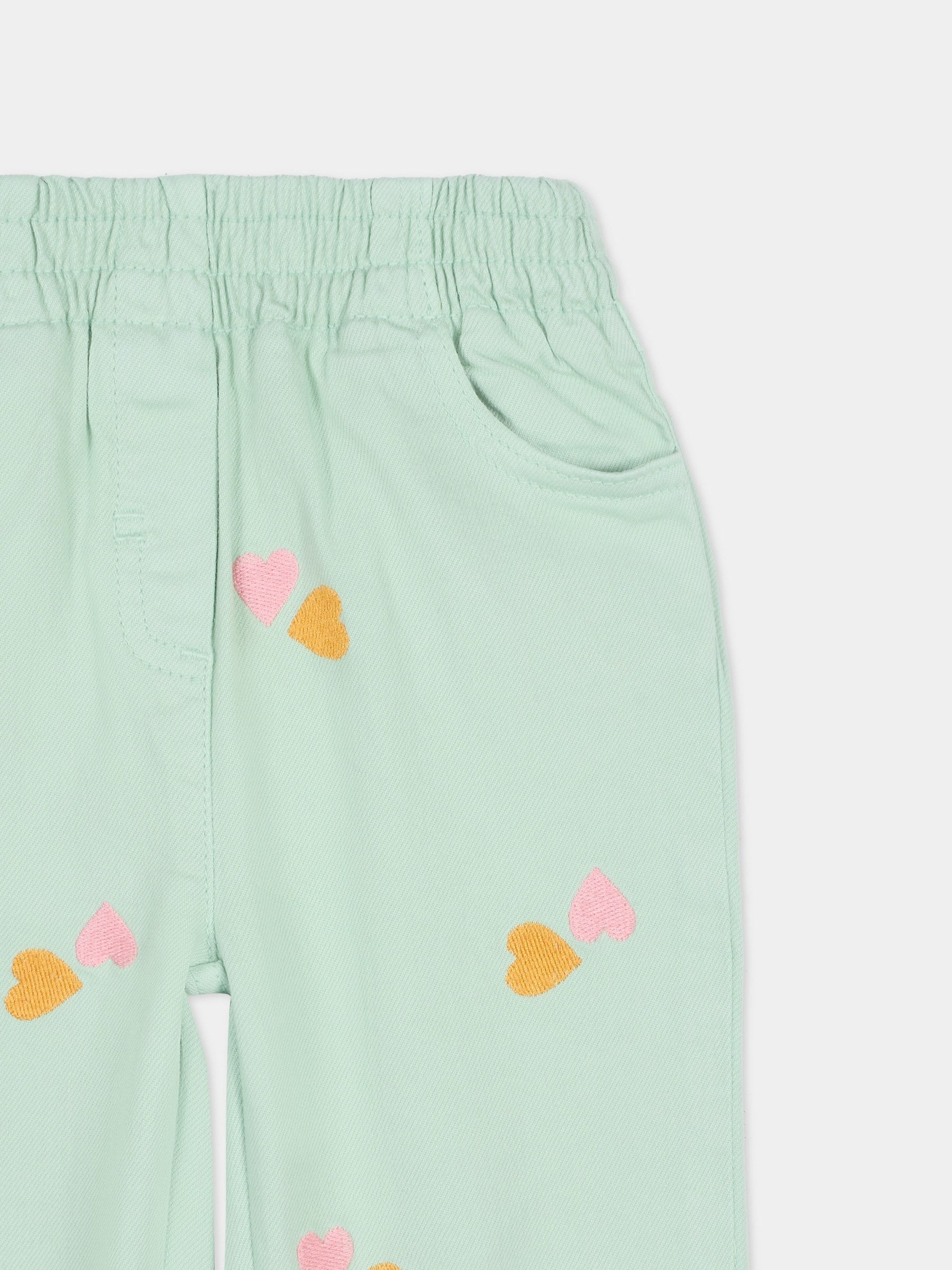Pantaloni verdi per neonata con cuori ricamati,Stella Mccartney Kids,TY6020-Z3454 754EM