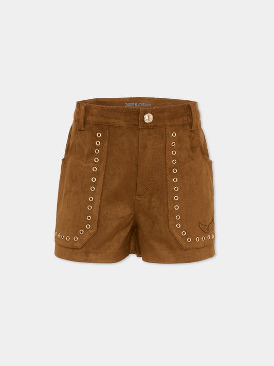 Shorts marroni per bambina in suede,Zadig & Voltaire Kids,X60562 367