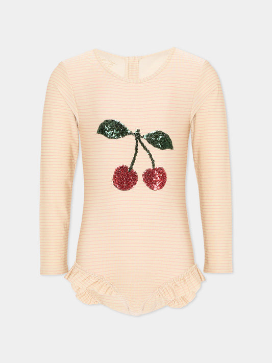 Anti UV beige per bambina con ciliegie,Konges Sløjd,KS104856 ROSE STRIPE