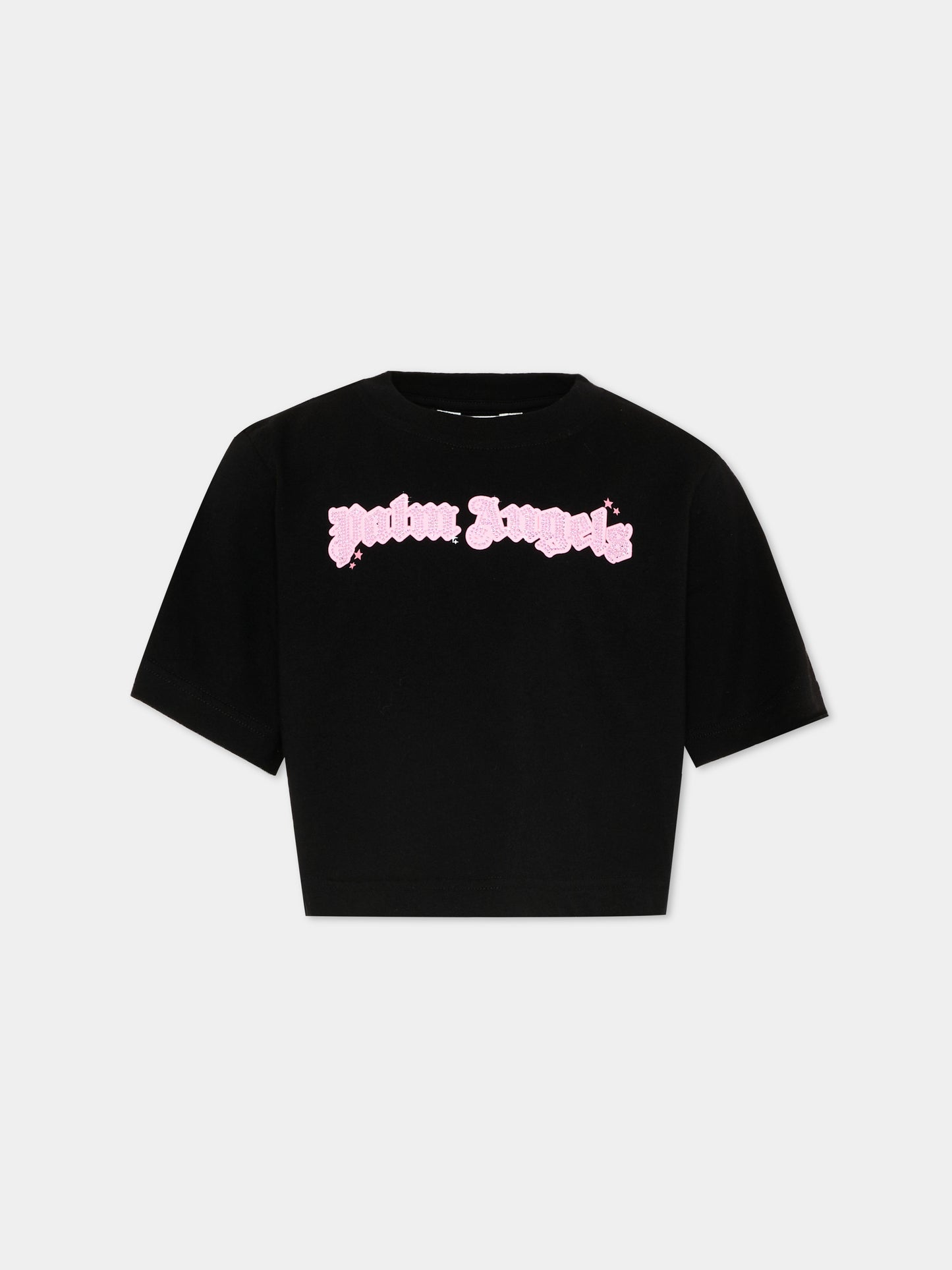 T-Shirt nera per bambina con logo strass,Palm Angels,PGAA004S26JER001 110