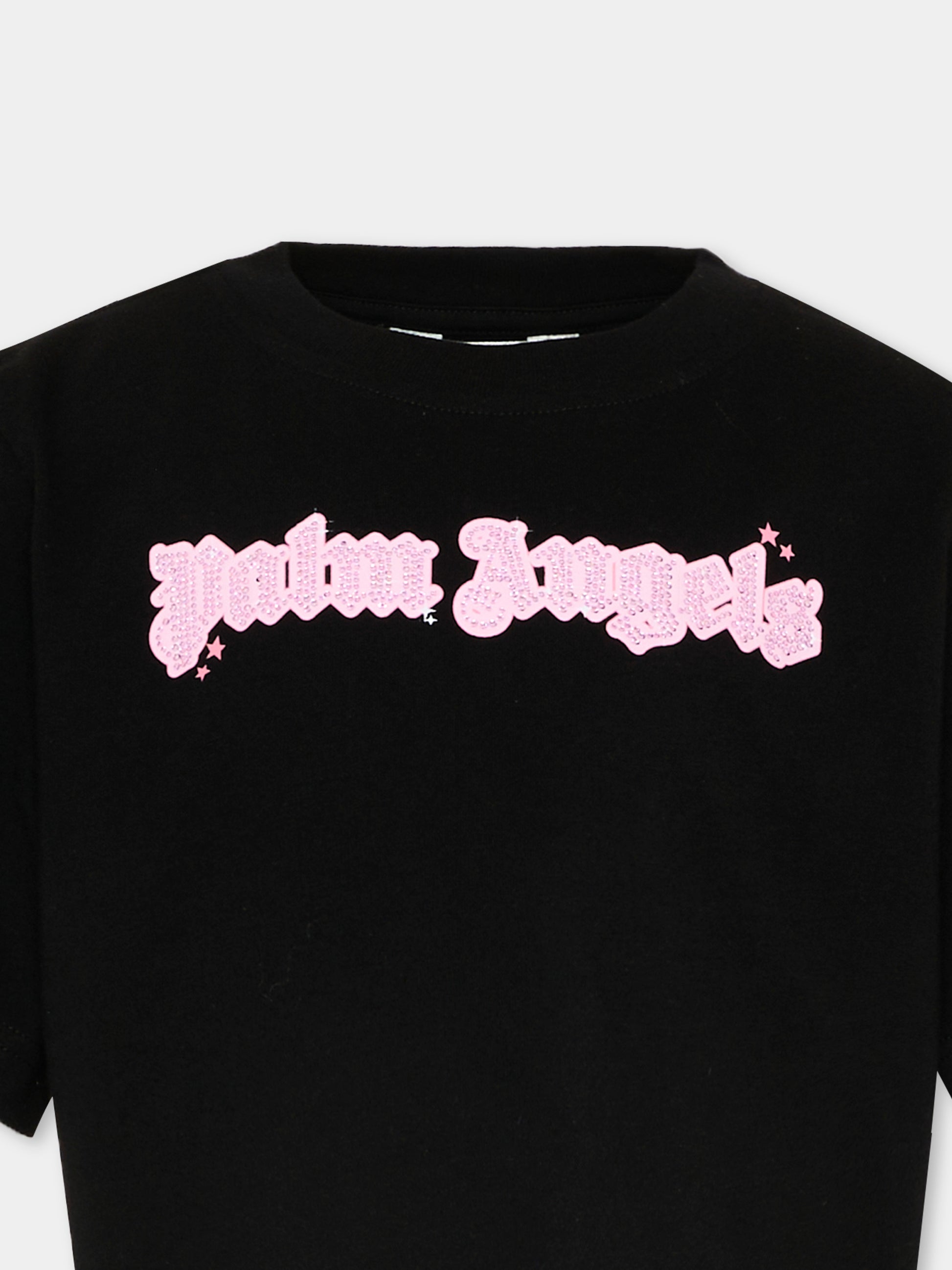 T-Shirt nera per bambina con logo strass,Palm Angels,PGAA004S26JER001 110