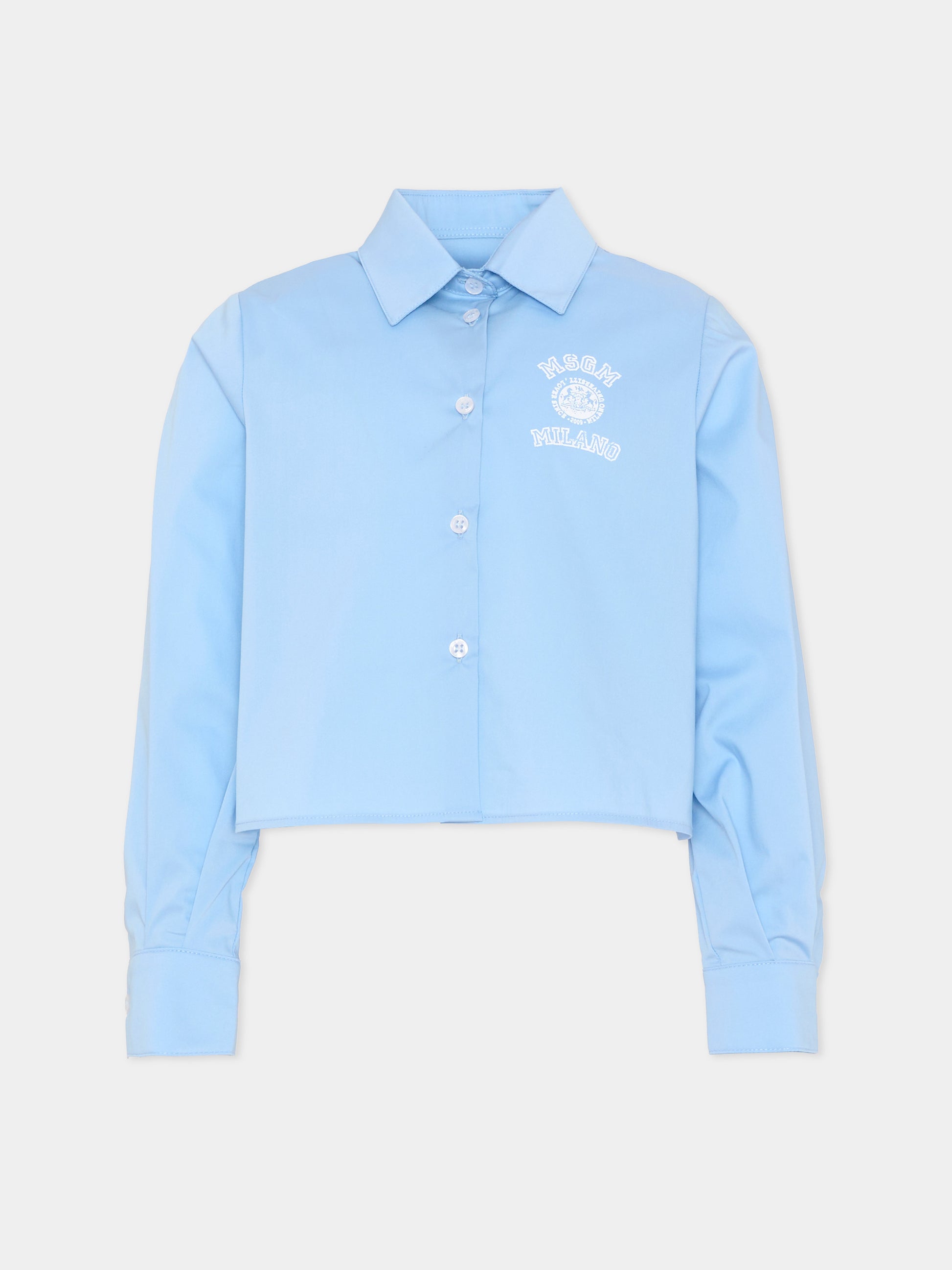 Camicia celeste per bambina con logo,Msgm Kids,S6MSJGSI026 050