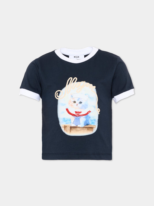 T-Shirt blu per bambina con stampa gatto,Msgm Kids,S6MSJGTH016 MS072