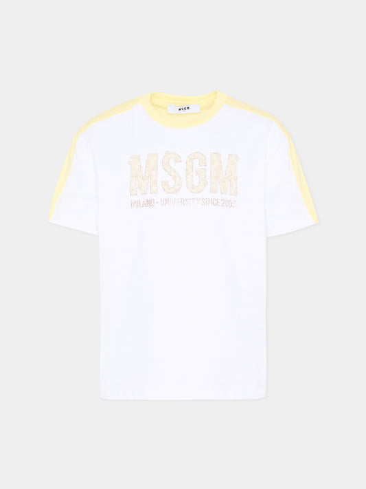 T-Shirt bianca per bambina con logo gioiello,Msgm Kids,S6MSJGTH033 001/79