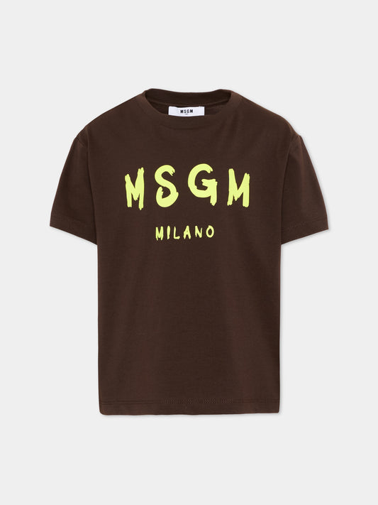 T-Shirt marrone per bambini con logo,Msgm Kids,S6MSJUTH001 943