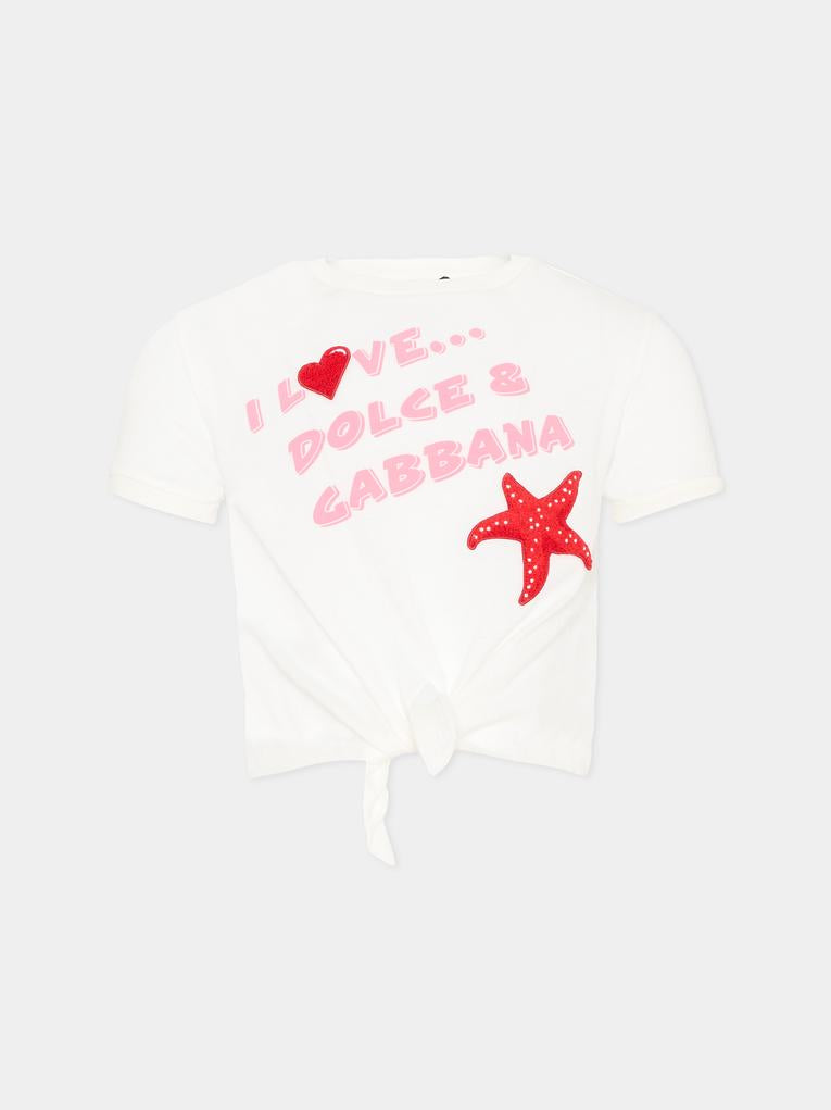 T-shirt bianca cropped per bambina con logo,Dolce & Gabbana Kids,L5JTQF G7PWF W0111