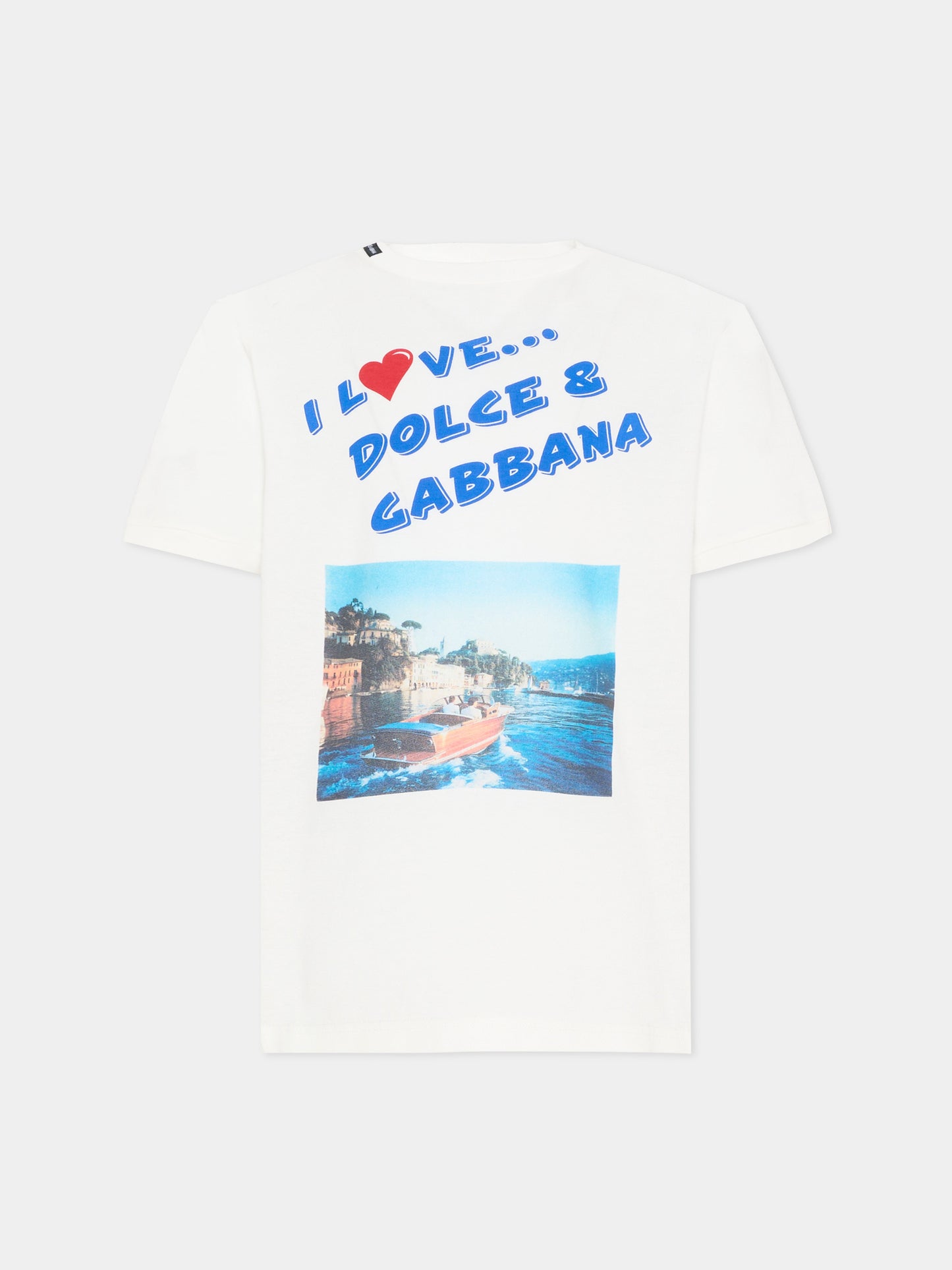 T-shirt bianca per bambino con stampa cartolina,Dolce & Gabbana Kids,L4JTJD G7PWD W0111