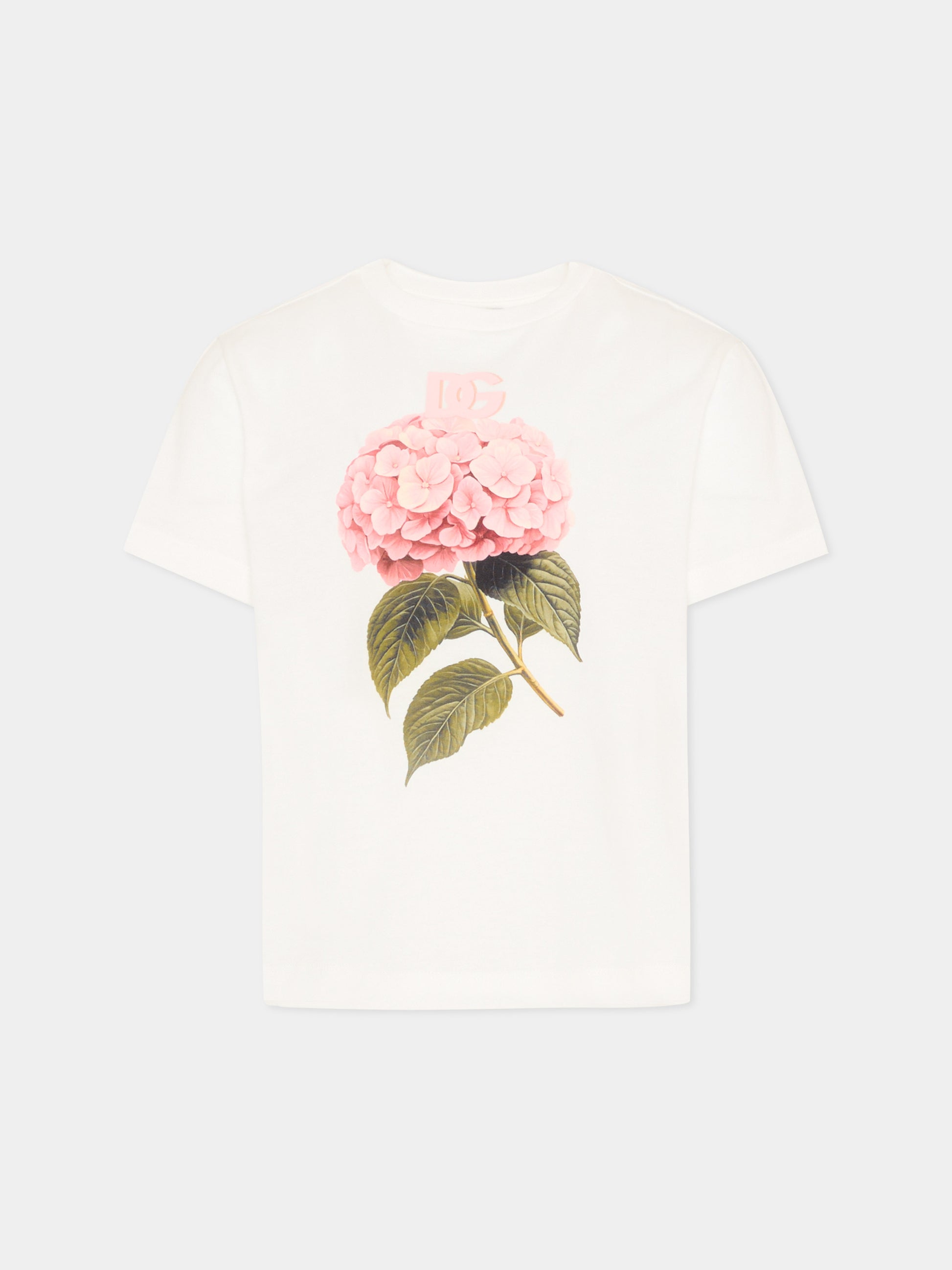 T-Shirt bianca per bambina con ortensia,Dolce & Gabbana Kids,L5JTNK G7P1G W0111