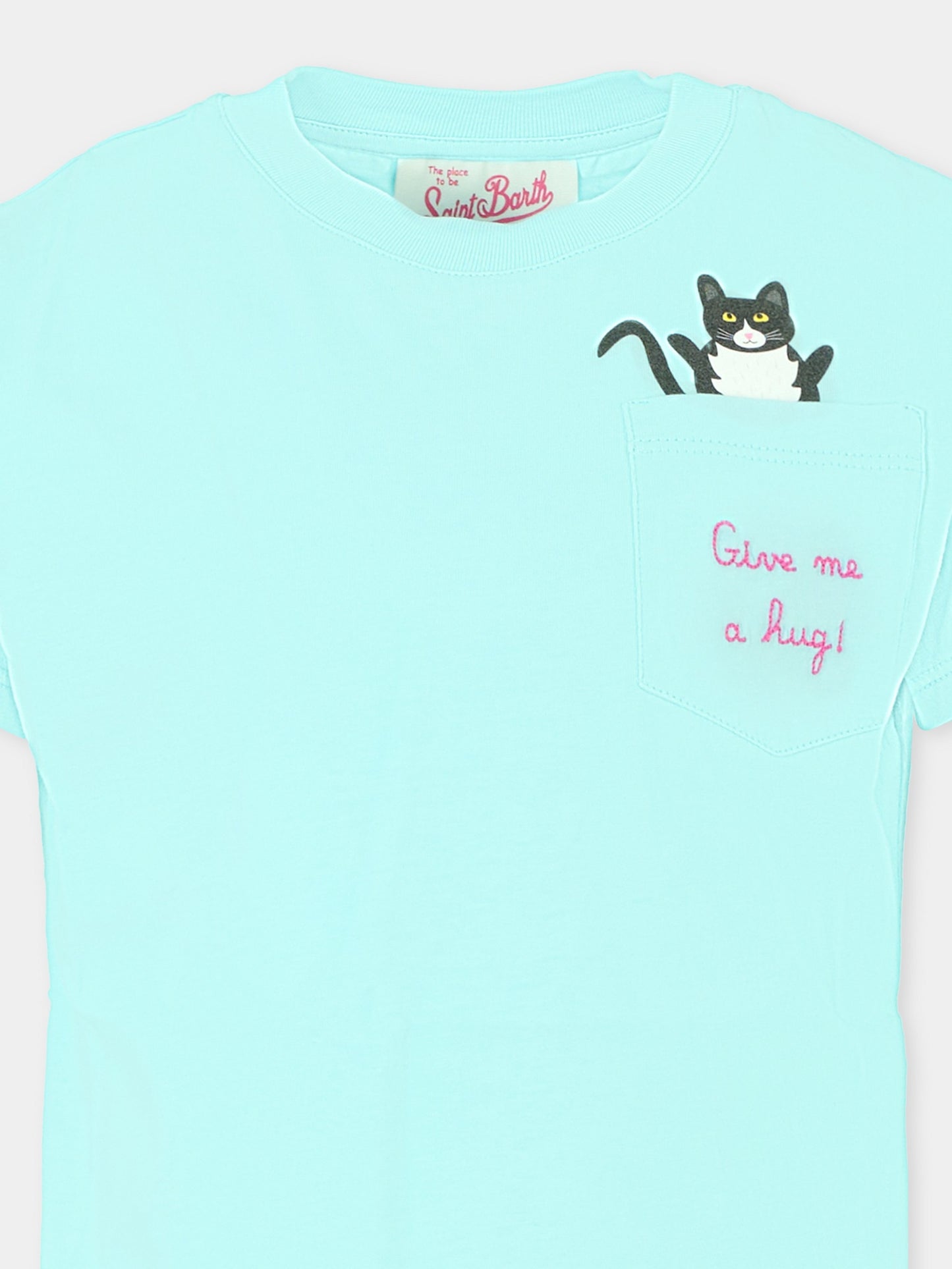 T-shirt celeste per bambina con gatto,Mc2 Saint Barth,ELLY004 02052F