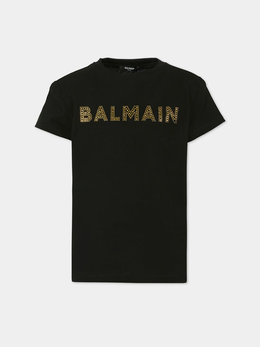 T-shirt nera per bambina con logo e strass,Balmain Kids,BT8A21 J0177 930OR